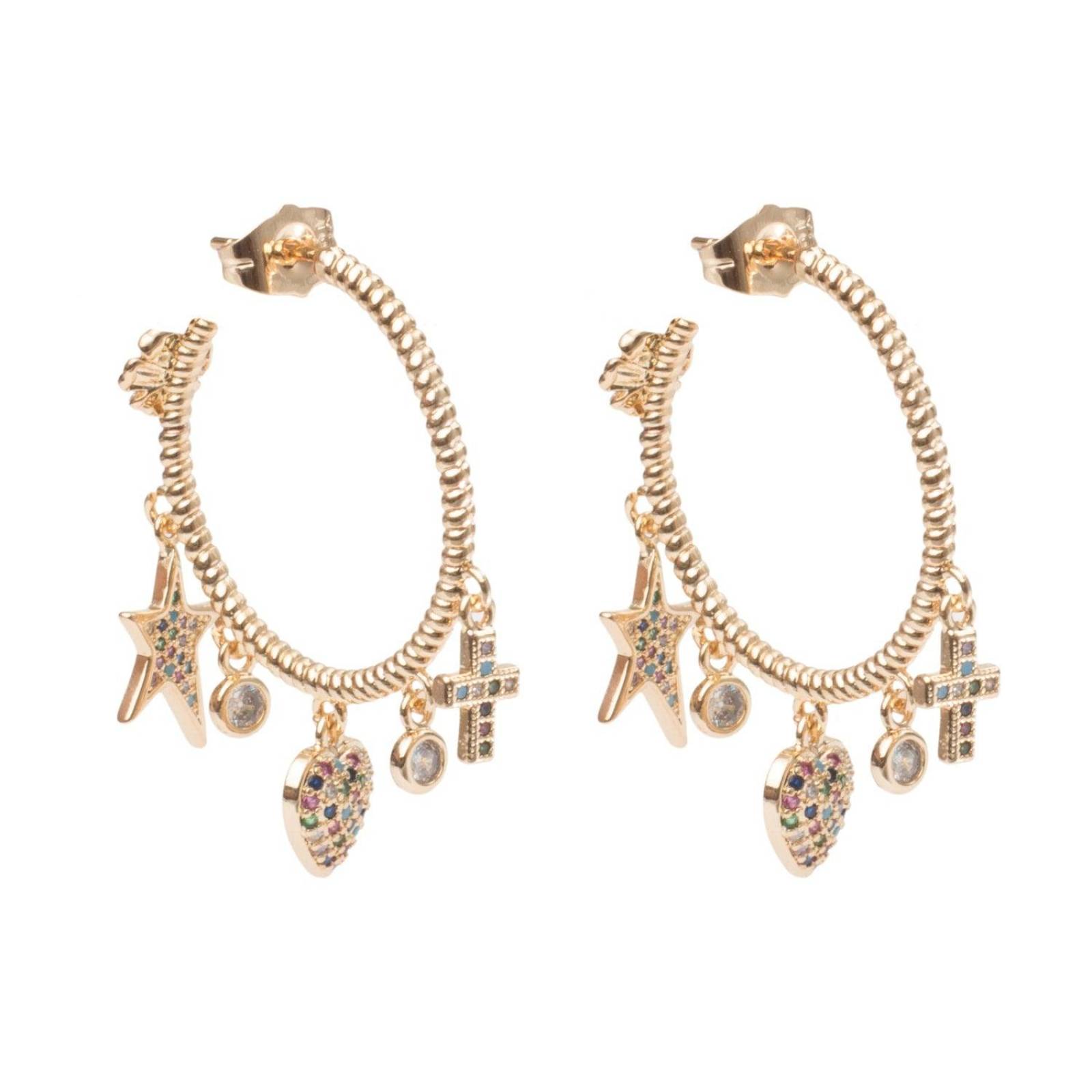 Aretes Arracadas Coqueta Corazón Estrella Y Cruz Chapa de Oro 18k 