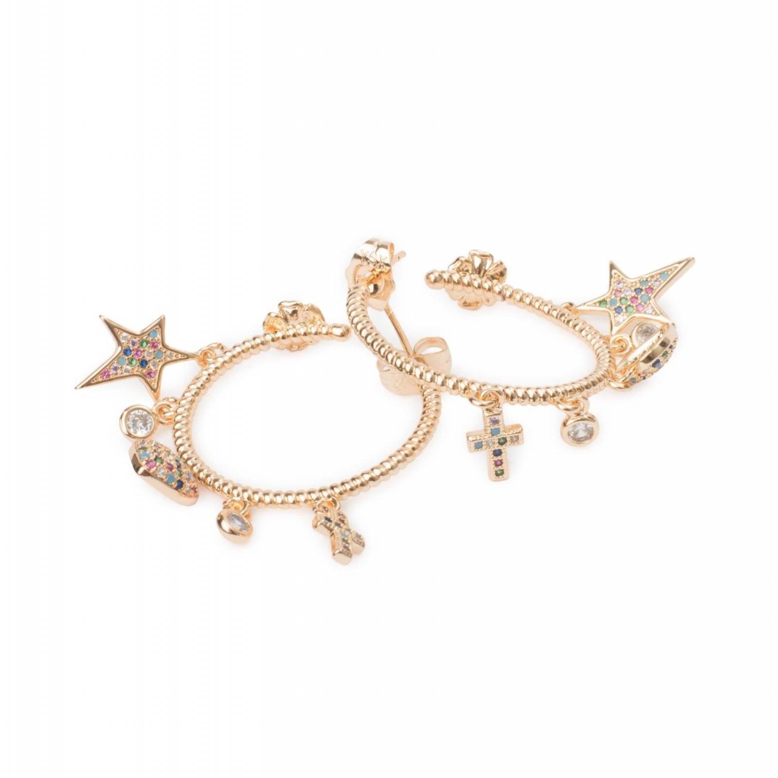 Aretes Arracadas Coqueta Corazón Estrella Y Cruz Chapa de Oro 18k 