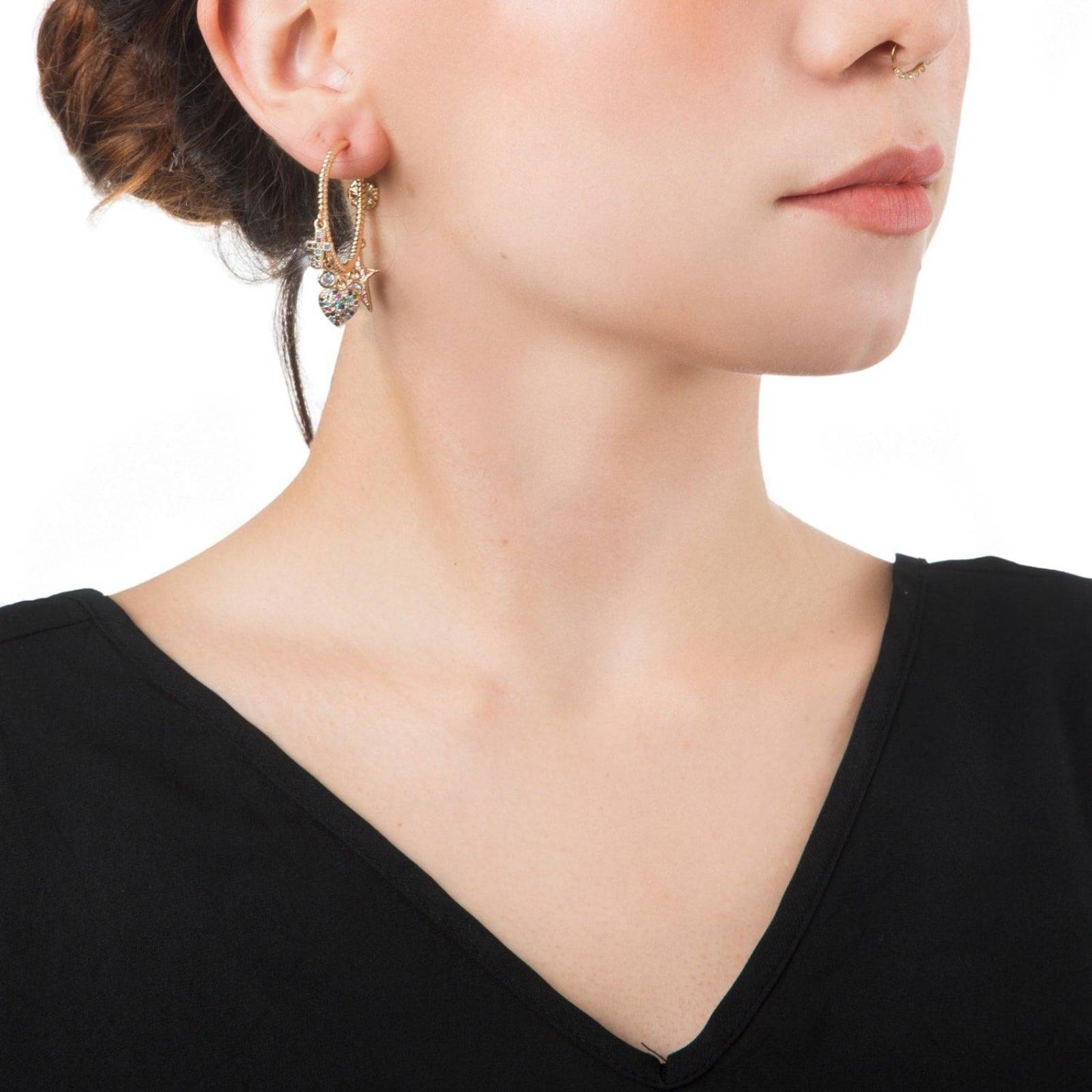 Aretes Arracadas Coqueta Corazón Estrella Y Cruz Chapa de Oro 18k 