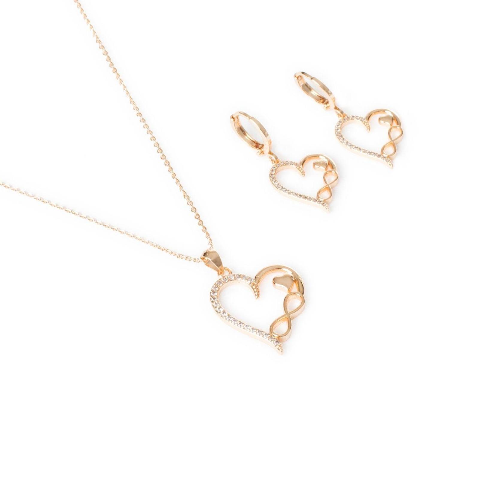 Juego Set Collar y Aretes Corazón e Infinito Chapa de Oro 18k 
