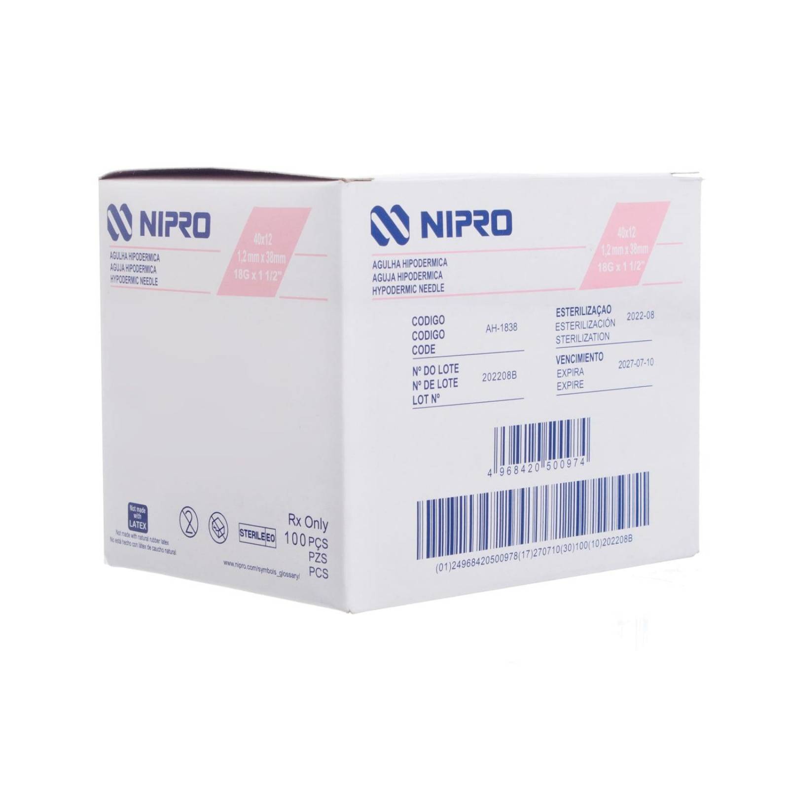 Aguja Hipodérmica 18G x 38mm - 100 piezas - Nipro 