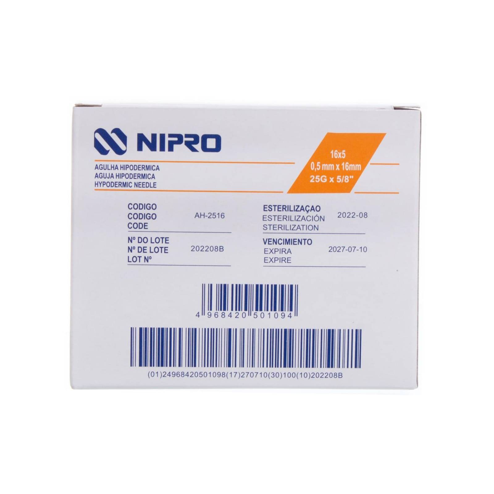 Aguja Hipodérmica 25G x 16mm - 100 piezas - Nipro