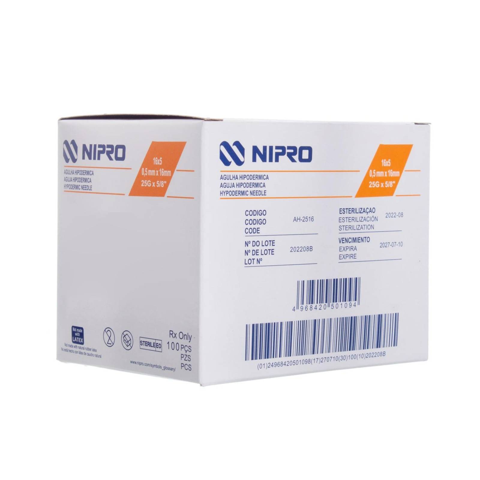 Aguja Hipodérmica 25G x 16mm - 100 piezas - Nipro