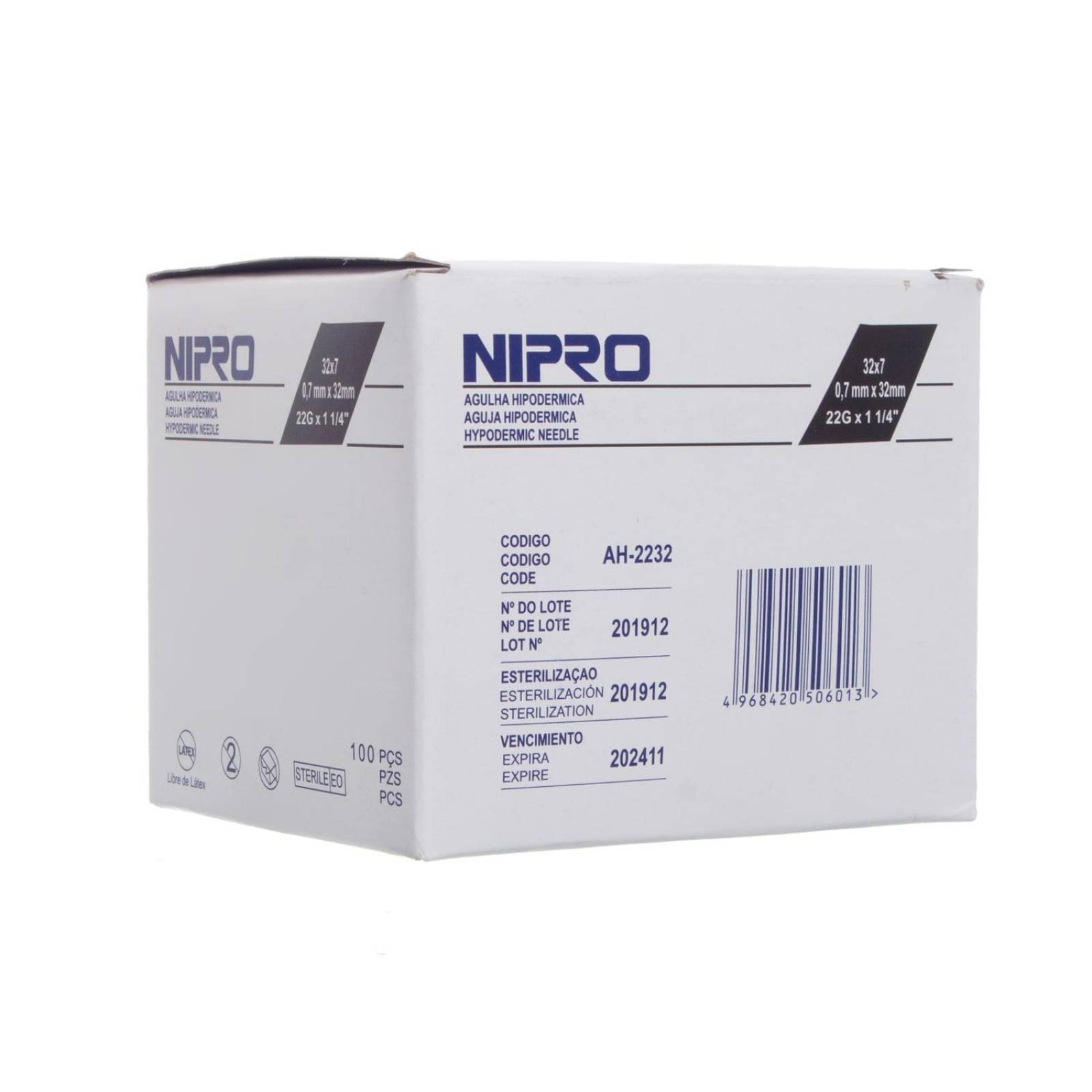 Aguja Hipodérmica 22G x 32mm - 100 piezas - Nipro 