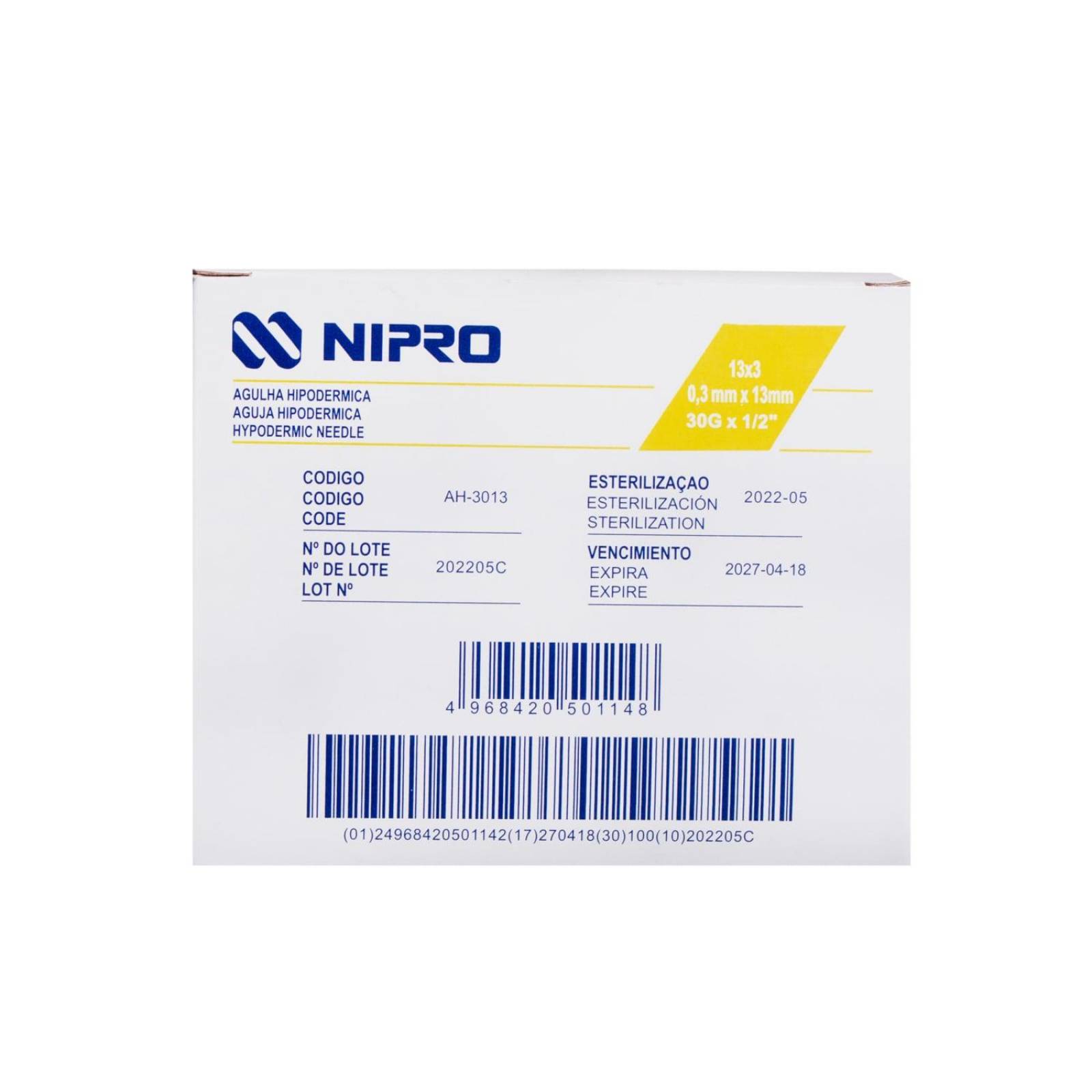 Aguja Hipodérmica 30g x 13mm - 100 piezas - Nipro 