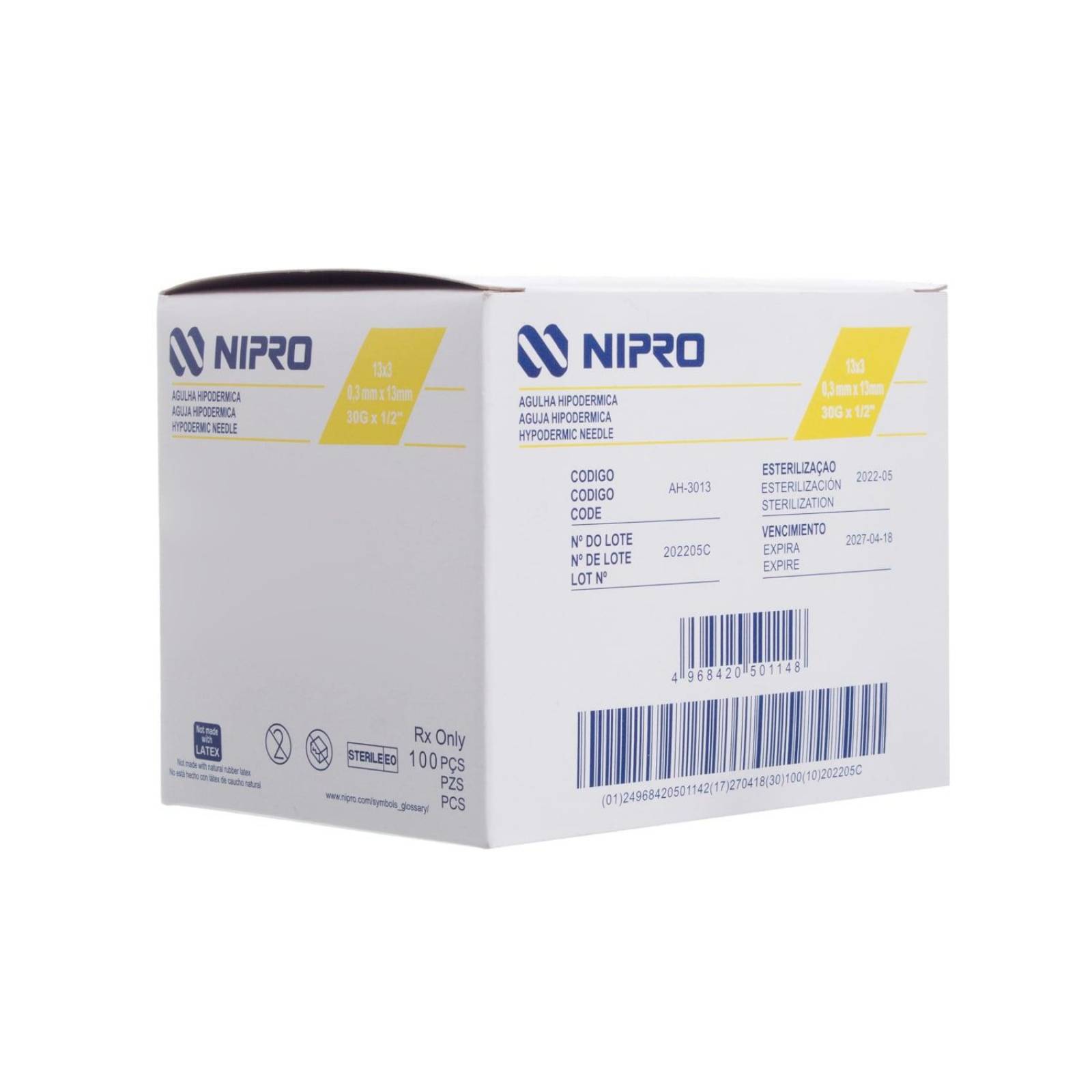 Aguja Hipodérmica 30g x 13mm - 100 piezas - Nipro 