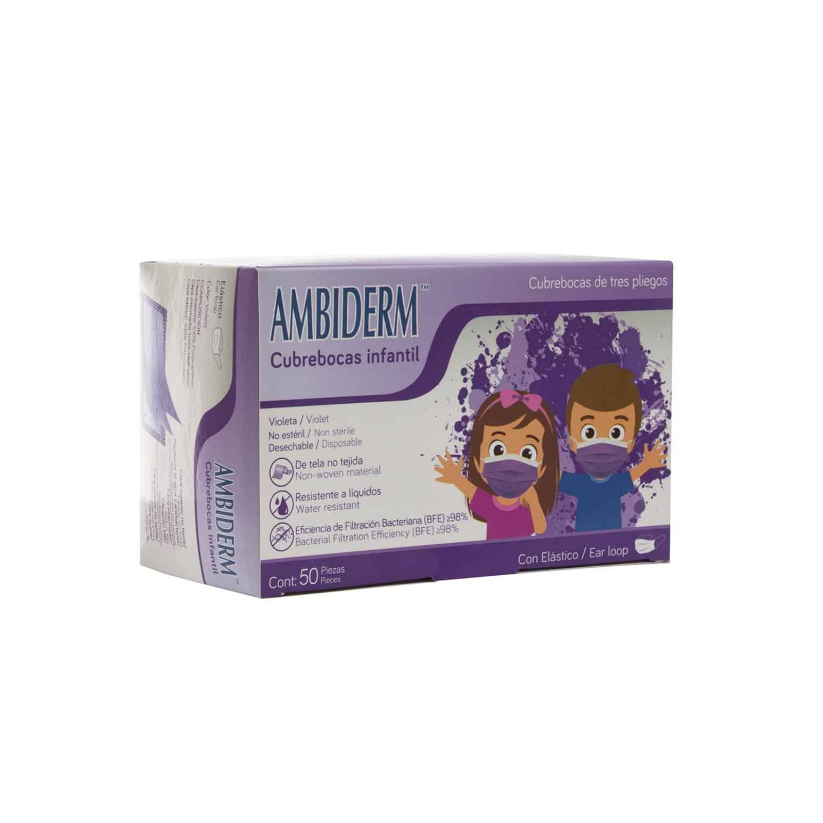 Cubrebocas Infantil Tricapa Plisado Econoply - 50 piezas - Ambiderm Morado