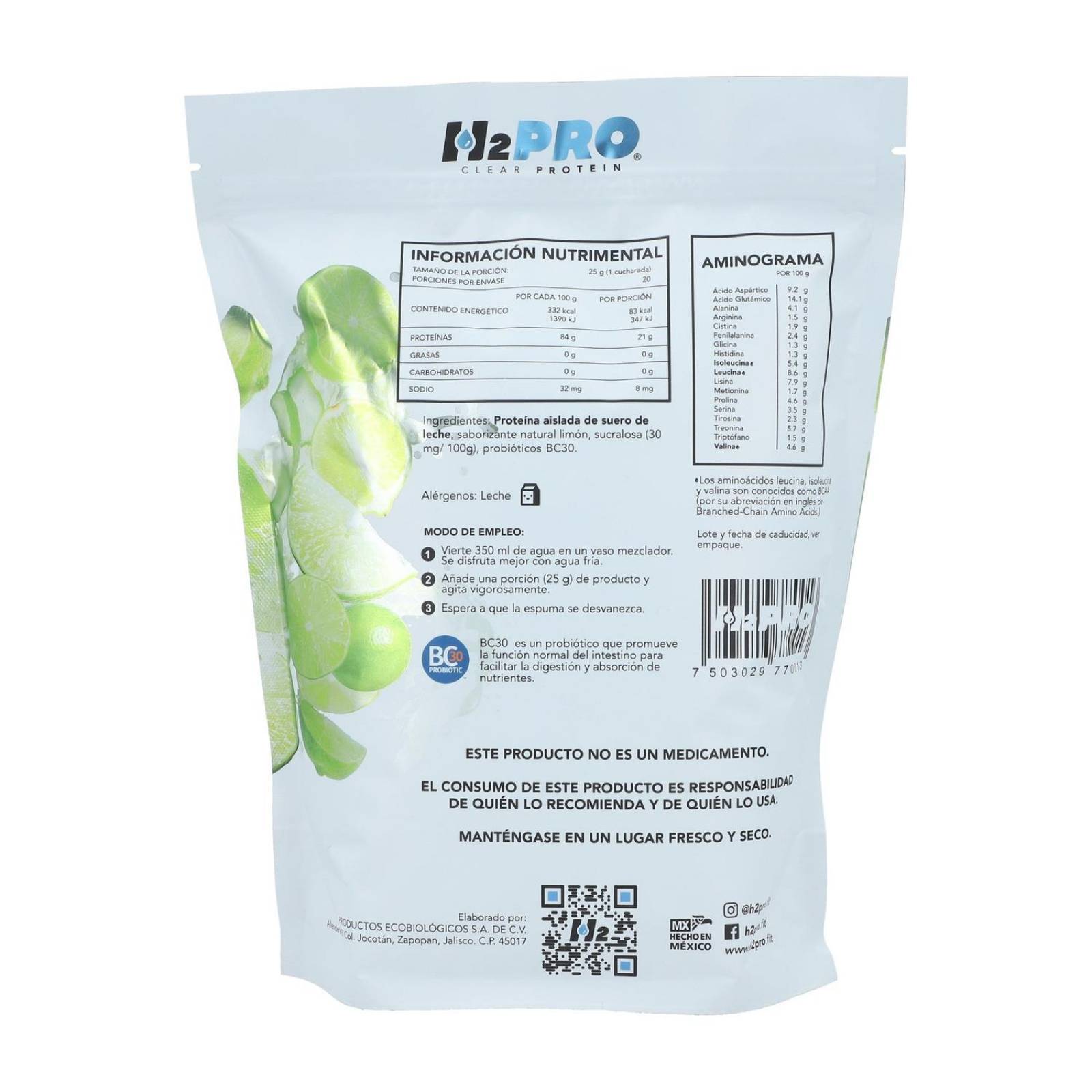 Suplemento Alimenticio Clear Protein con Probioticos 500gr - H2PRO Limon