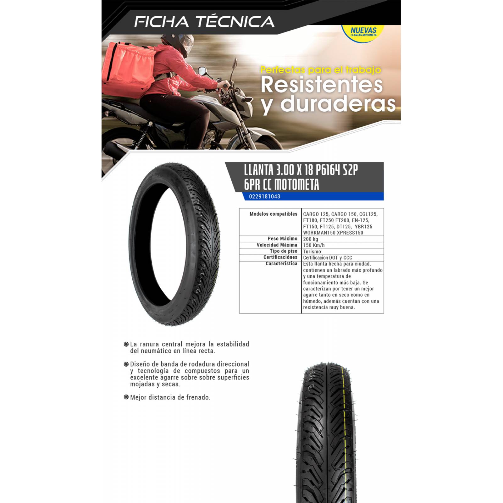 Llanta 3.00-18 para Moto Motocicleta 52P Tube Type Uso con Camara Motometa 