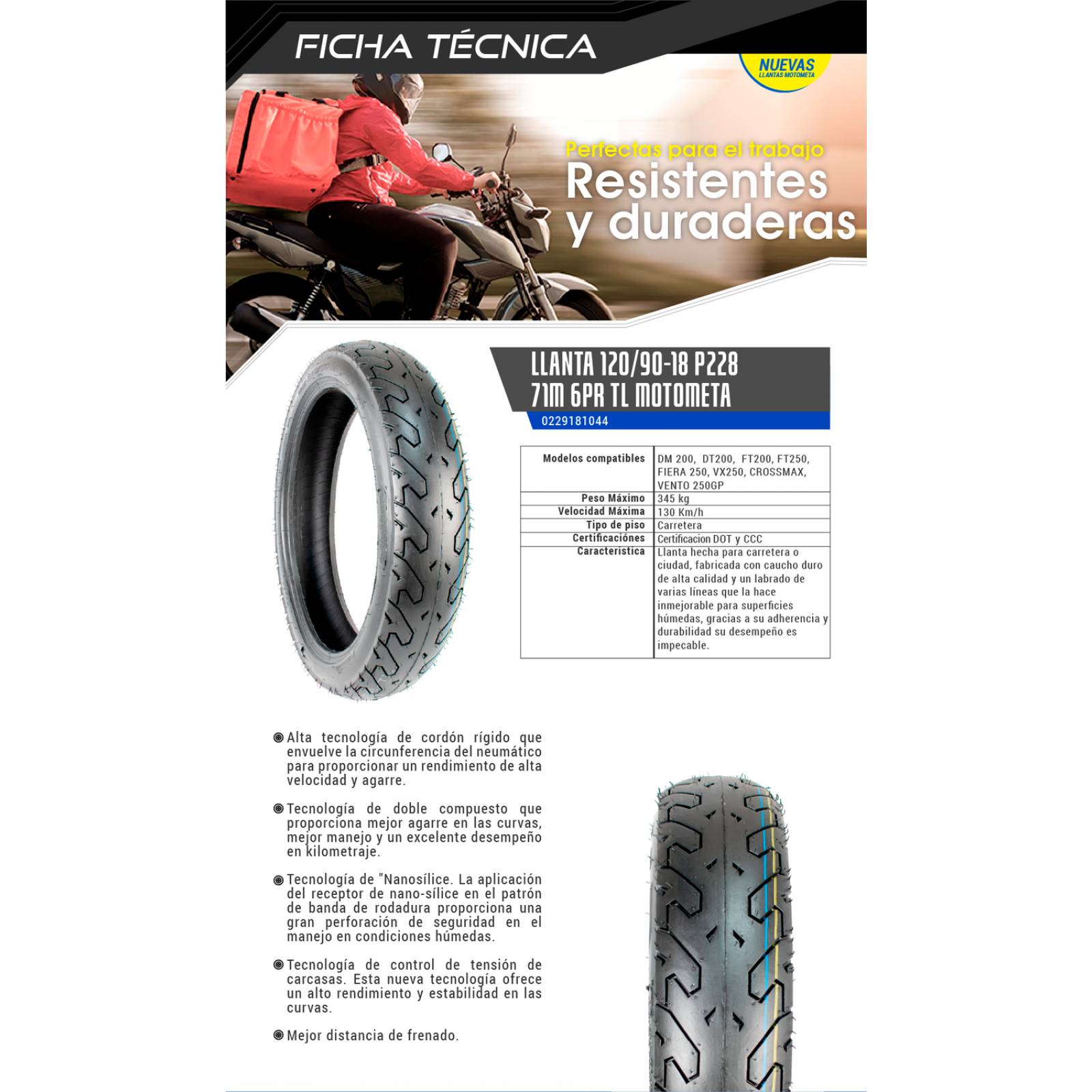 Llanta para Moto 120/90-18 71M Tubeless Uso sin Camara Motometa 