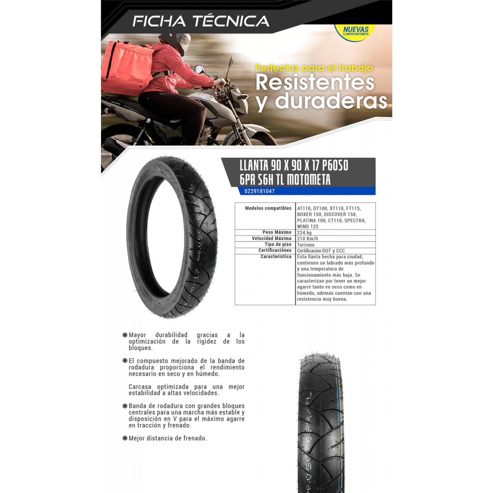 Llanta 90/90-17 para Moto Motocicleta 56H Tubeless Uso sin Camara Motometa 