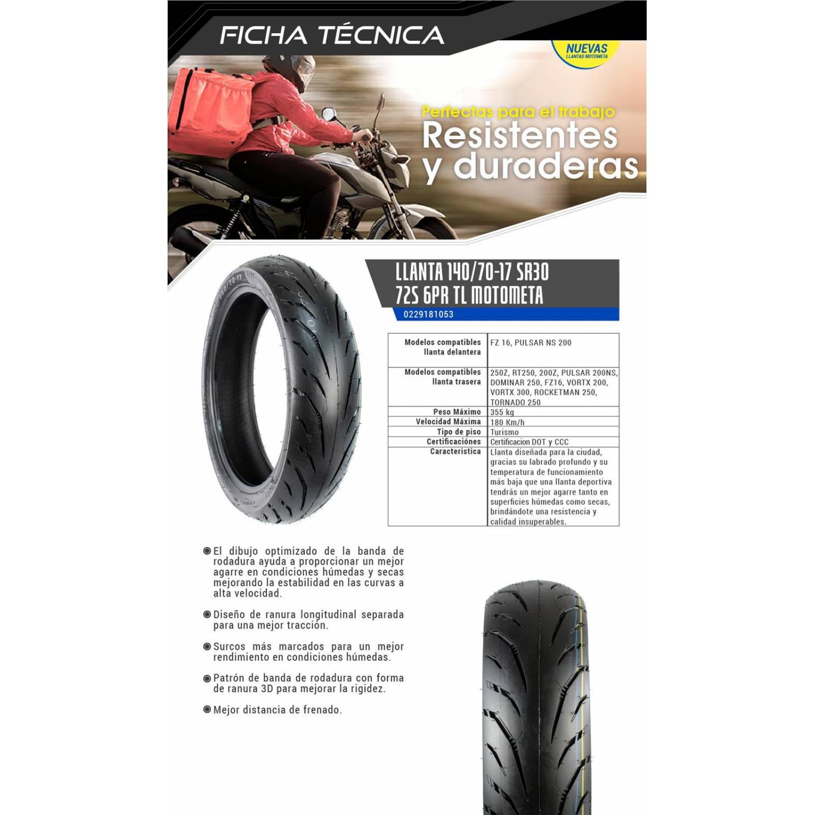 Llanta para Moto 140/70-17 72S Tubeless Uso sin Camara Motometa 