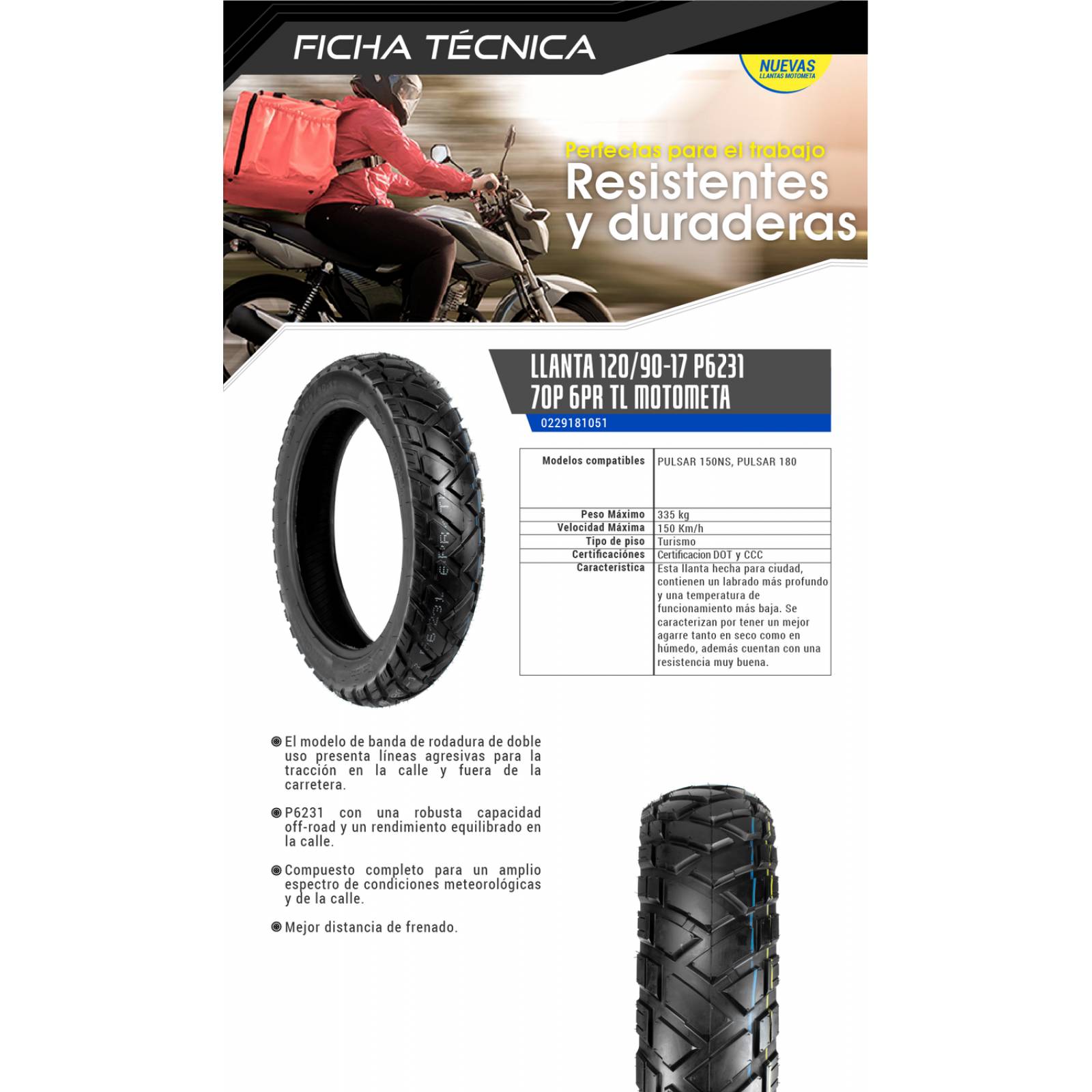 Llanta para Moto 120/90-17 70P Tubeless Uso sin Camara P6169 Motometa 