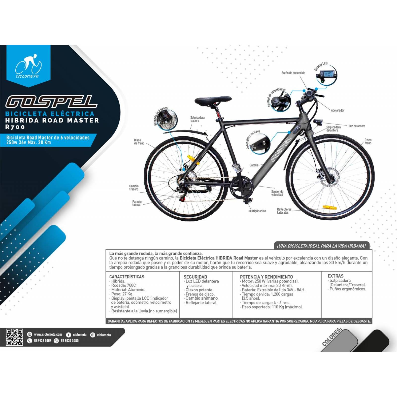 Bicicleta electrica Road Master Gris 