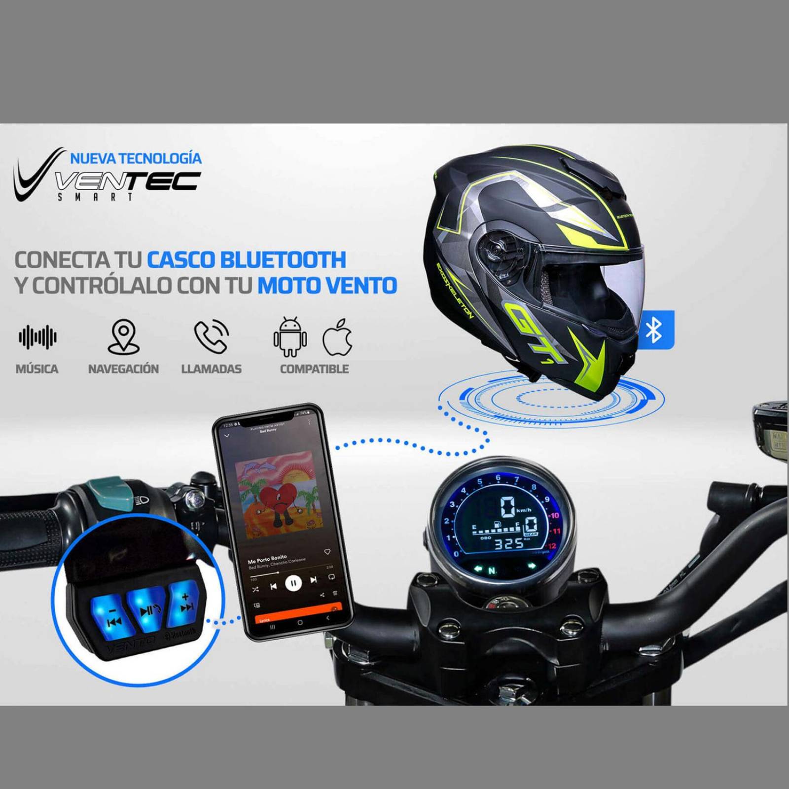 Casco moto talla L certificado bluetooth amarillo GT2 Vento 