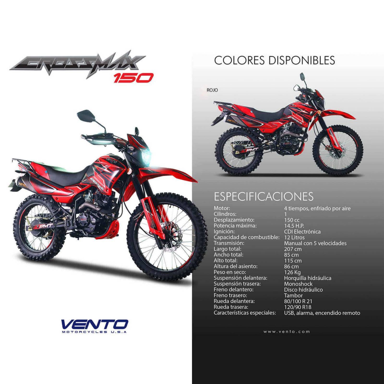 Motocicleta Crossmax 150 CC Vento Color Rojo con negro