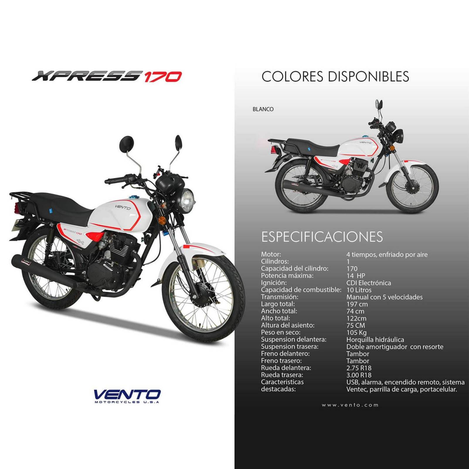 Motocicleta Xpress 170 Blanca 2024 Vento 