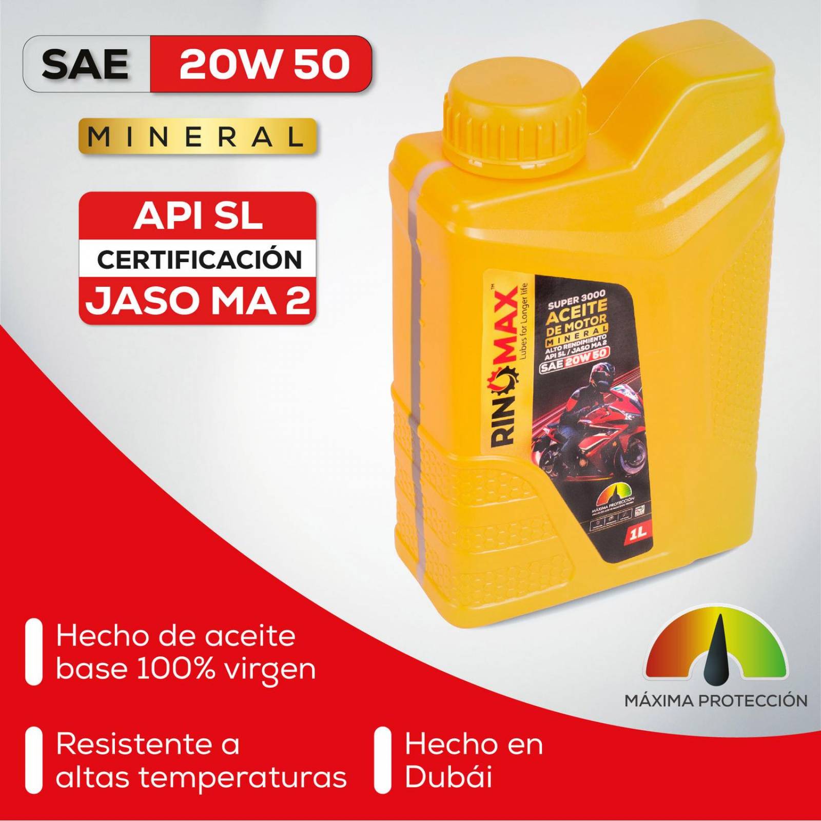 Aceite Moto Mineral 20W50 4T 1L API Rinomax 3000 