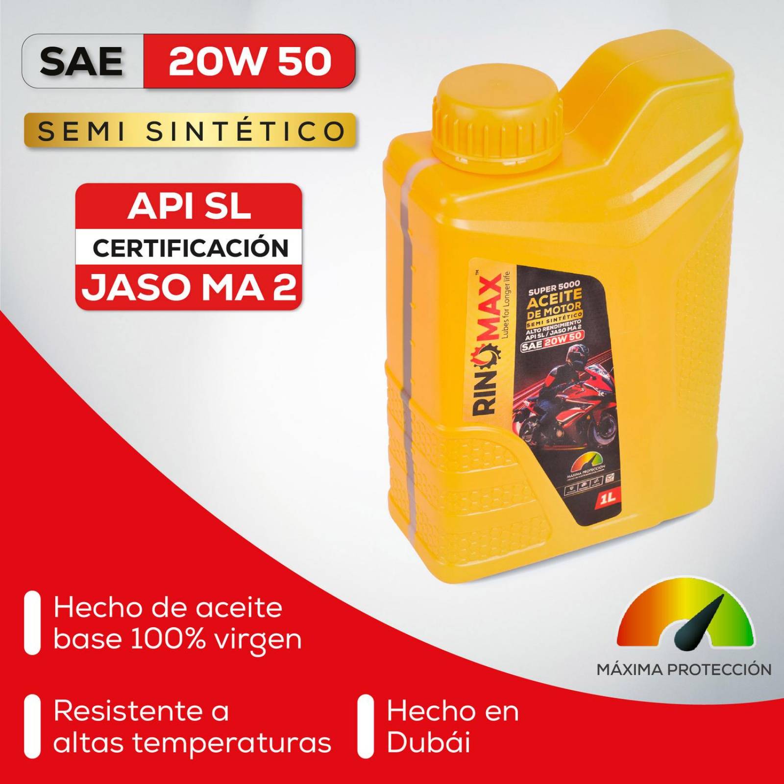 Aceite Moto Semi Sintetico 20W 50 4T 1L API SL Rinomax 5000 