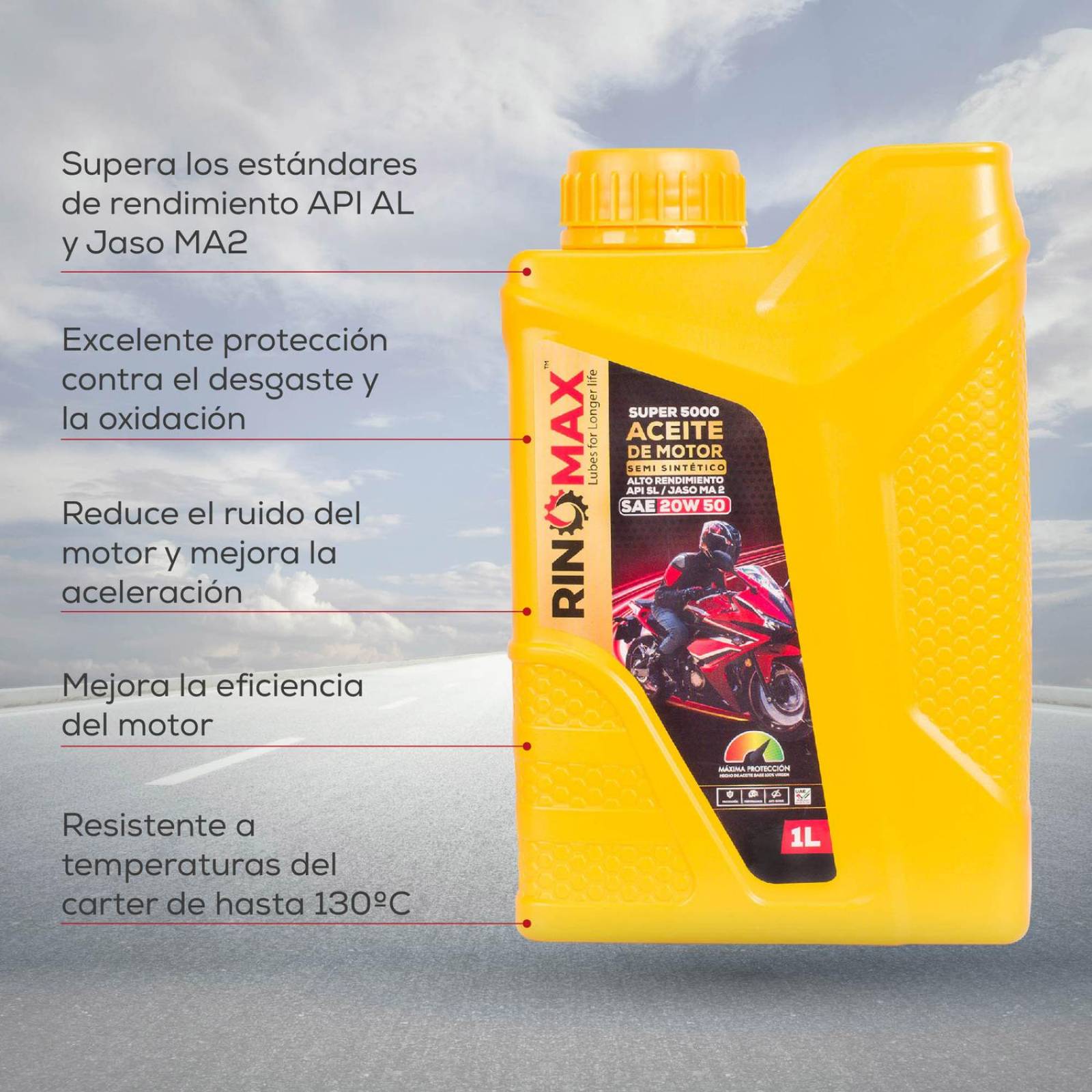 Aceite Moto Semi Sintetico 20W 50 4T 1L API SL Rinomax 5000 
