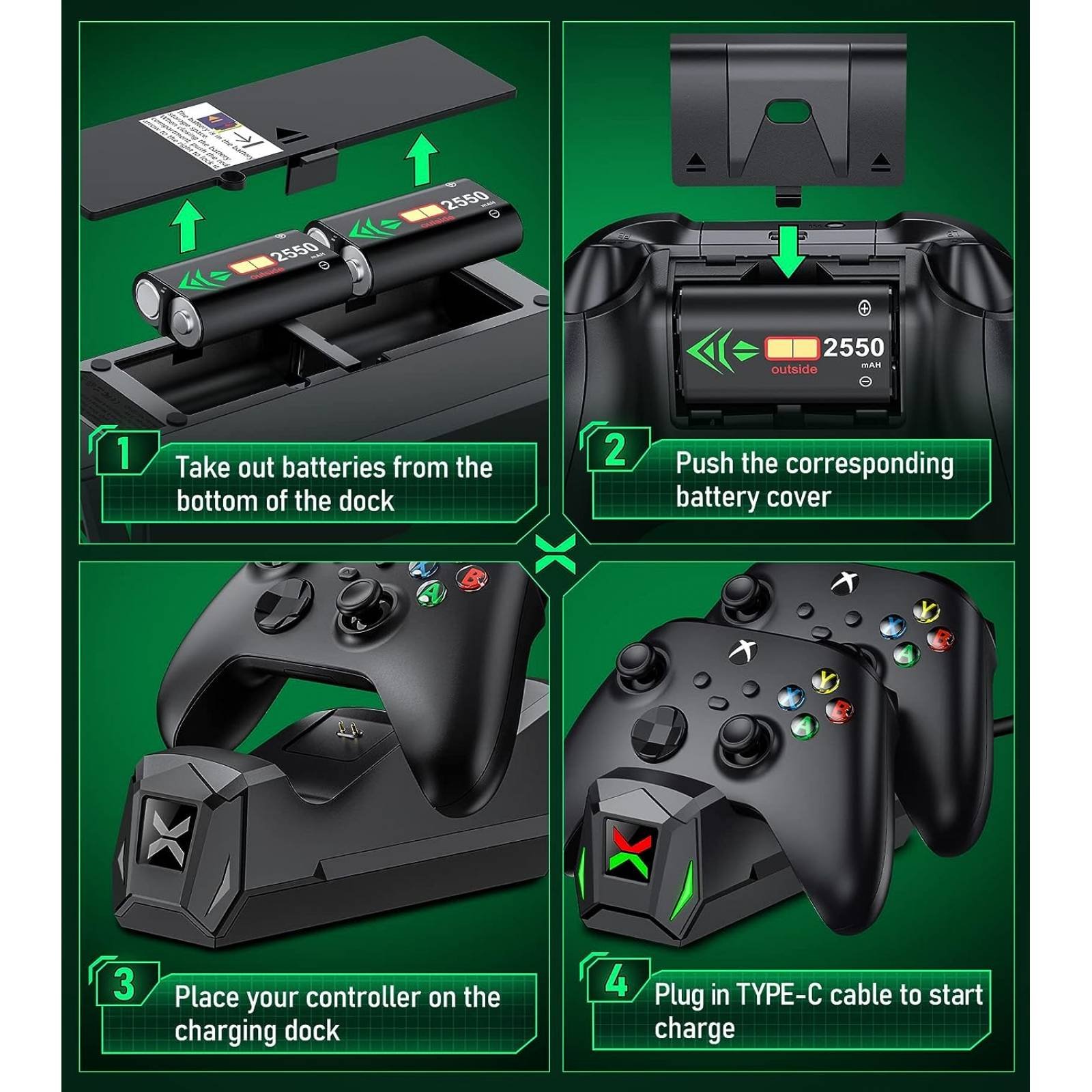 Batería recargable para Xbox 360, paquete de 2 baterías con estación de  carga dual base de cargador para mando inalámbrico Xbox 360, color negro