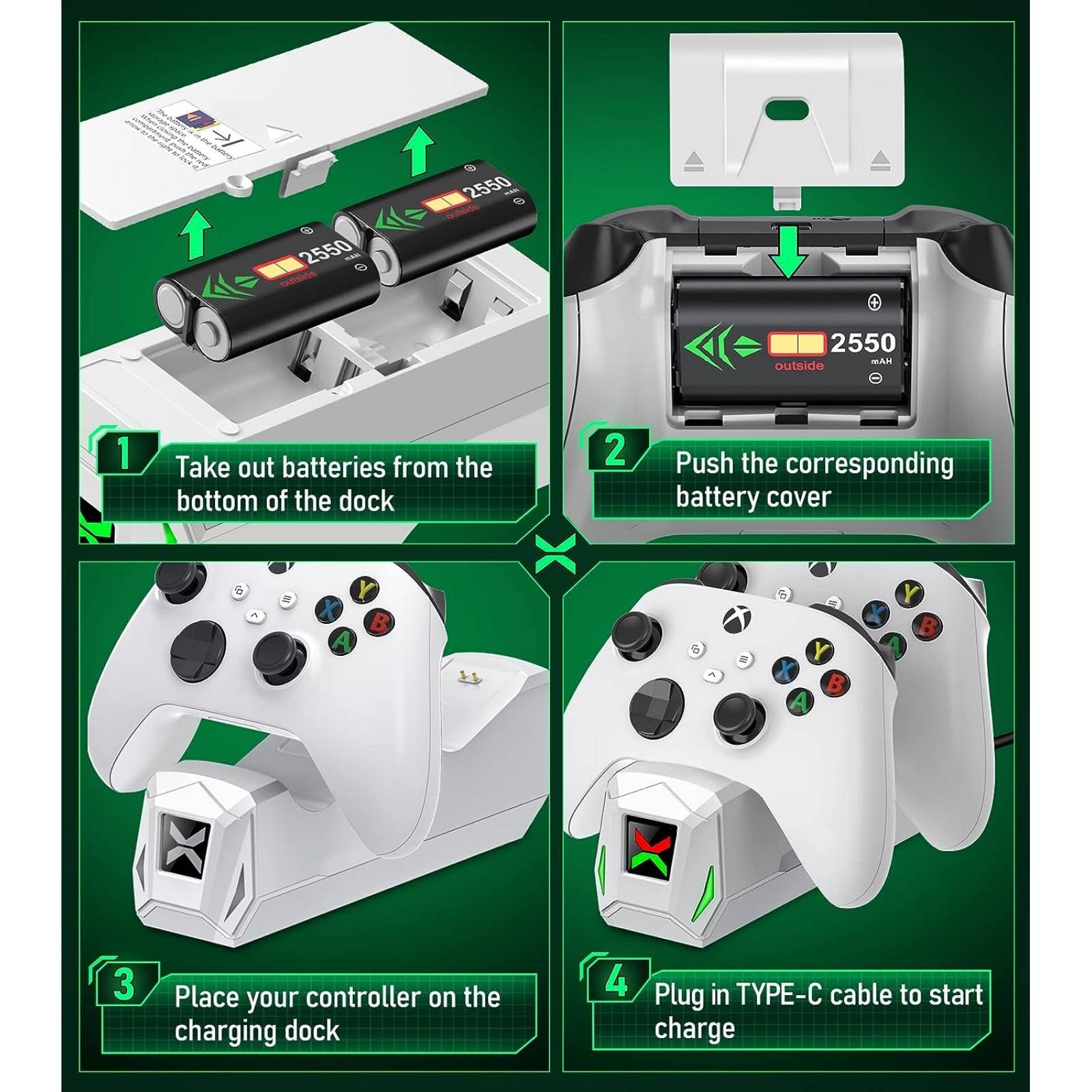  Estación de carga de controlador para Xbox One, estación de  carga para controlador Xbox One, paquete de baterías recargables de 2 x  1200 baterías recargables compatibles con Xbox Series X
