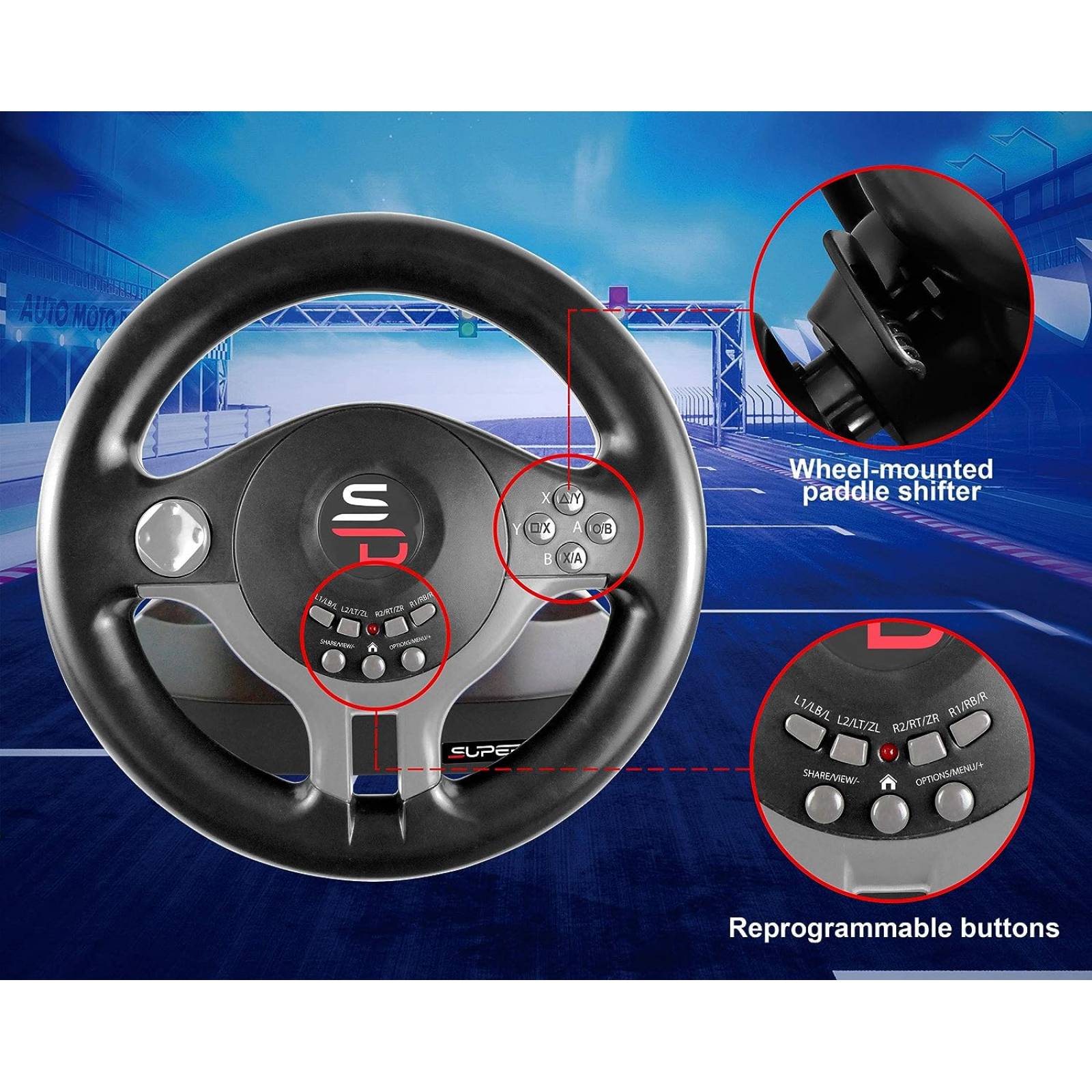 Superdrive Volante de carreras con pedales - Nintendo / PS4 / PS3 / Xbox One / PC
