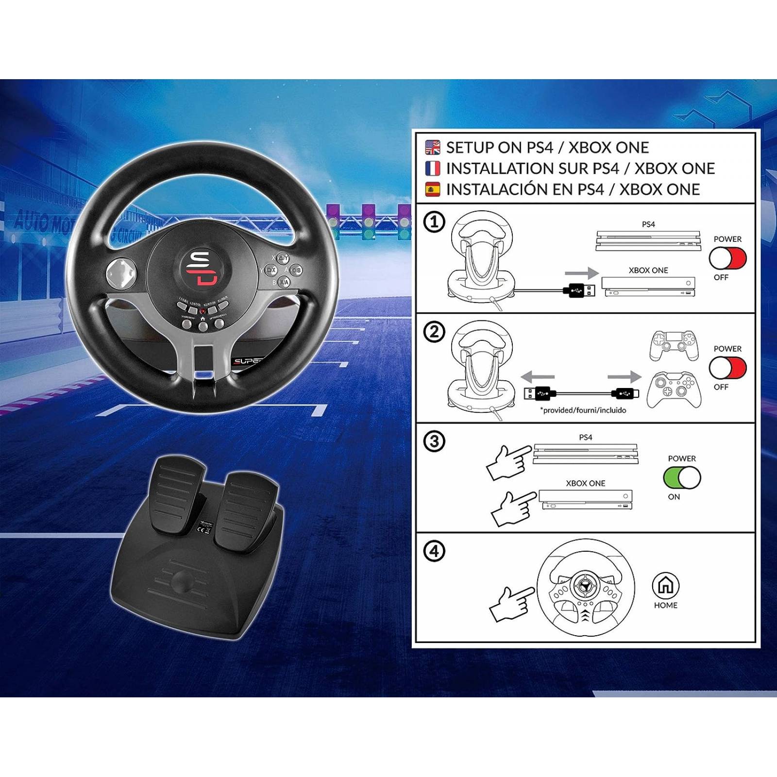 Superdrive Volante de carreras con pedales - Nintendo / PS4 / PS3 / Xbox One / PC