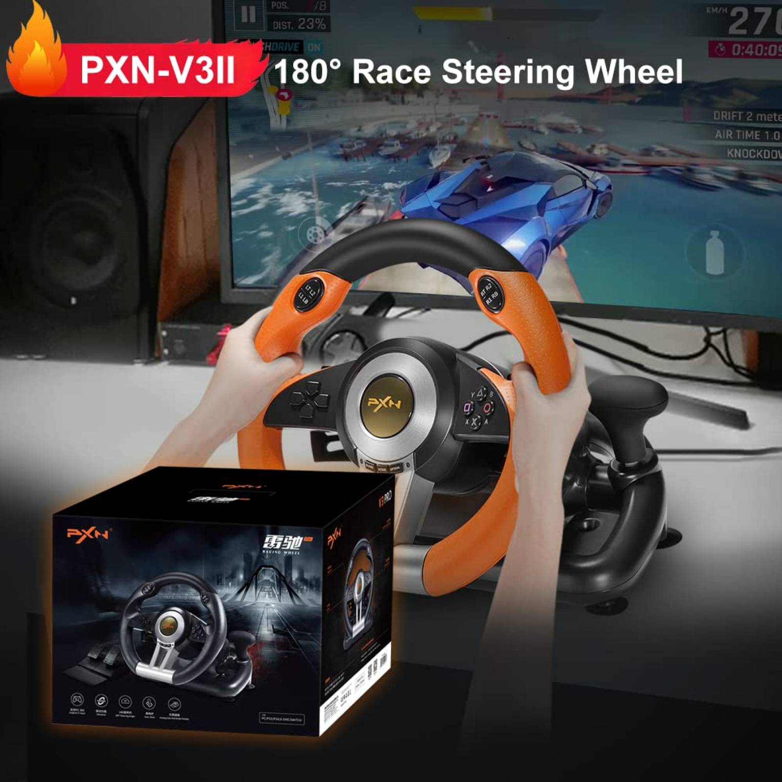 PXN Volante de carreras con pedales V3II - PS3, PS4, Xbox One, Xbox Series X/S, Switch (Naranja)
