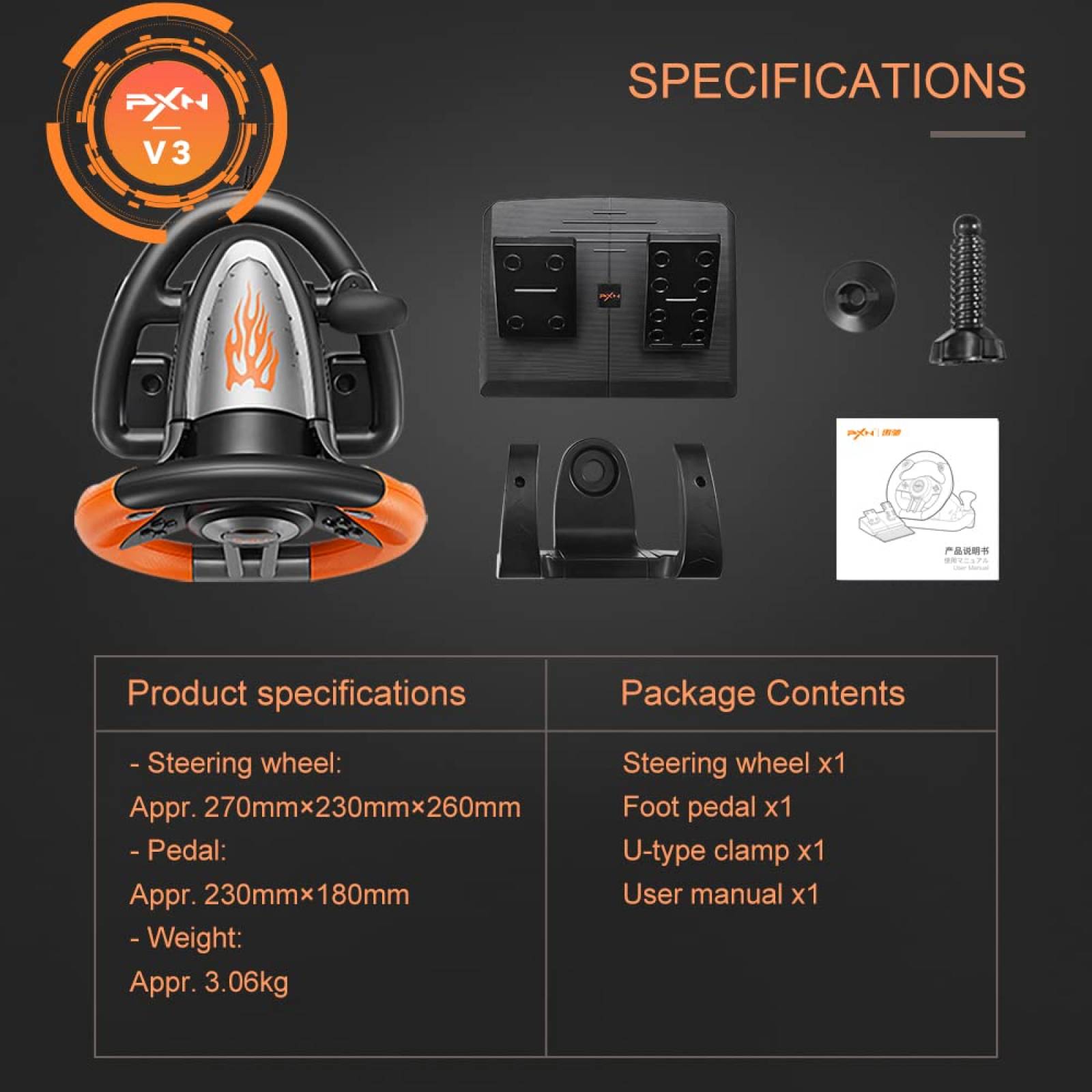 PXN Volante de carreras con pedales V3II - PS3, PS4, Xbox One, Xbox Series X/S, Switch (Naranja)