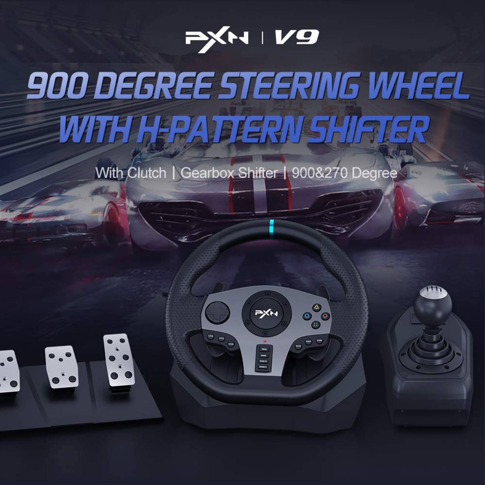 PXN V9 Volante de Carreras con 3 Pedales y Palanca - Xbox One,Xbox Series X/S,PS4,PS3, Switch