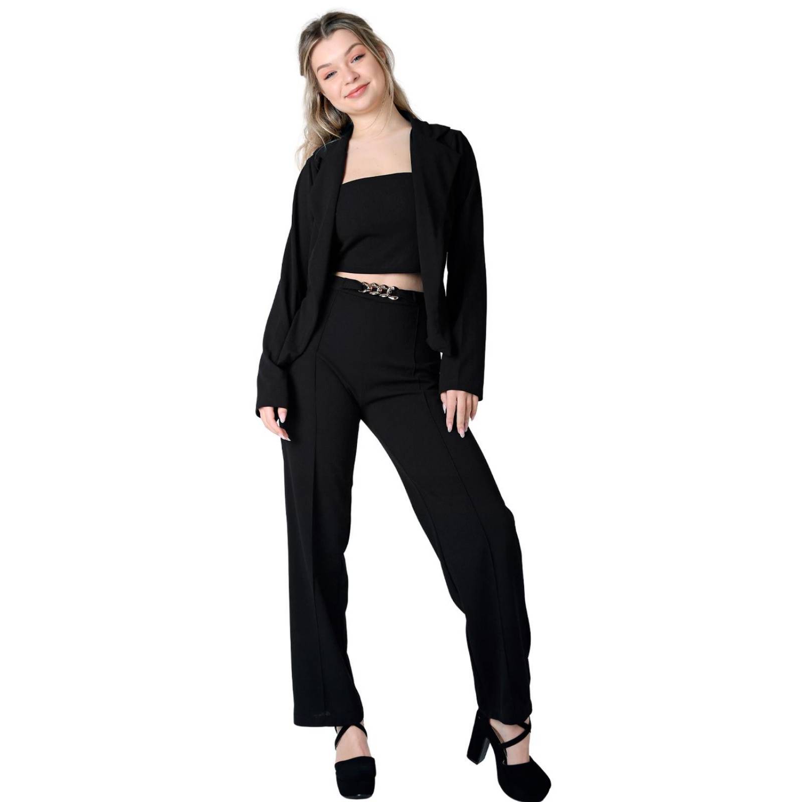 Conjunto 3 Piezas Top Saco Y Pantalón Mujer Formal Negro Stfashion 52404819 