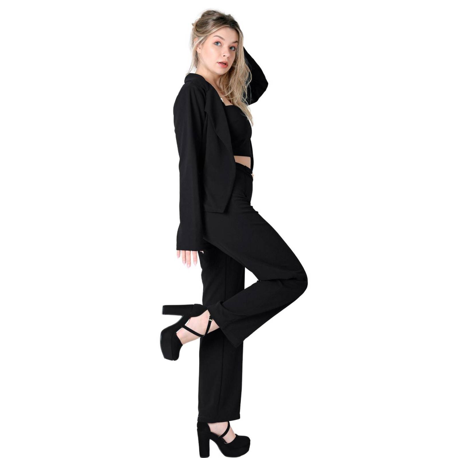 Conjunto 3 Piezas Top Saco Y Pantalón Mujer Formal Negro Stfashion 52404819 