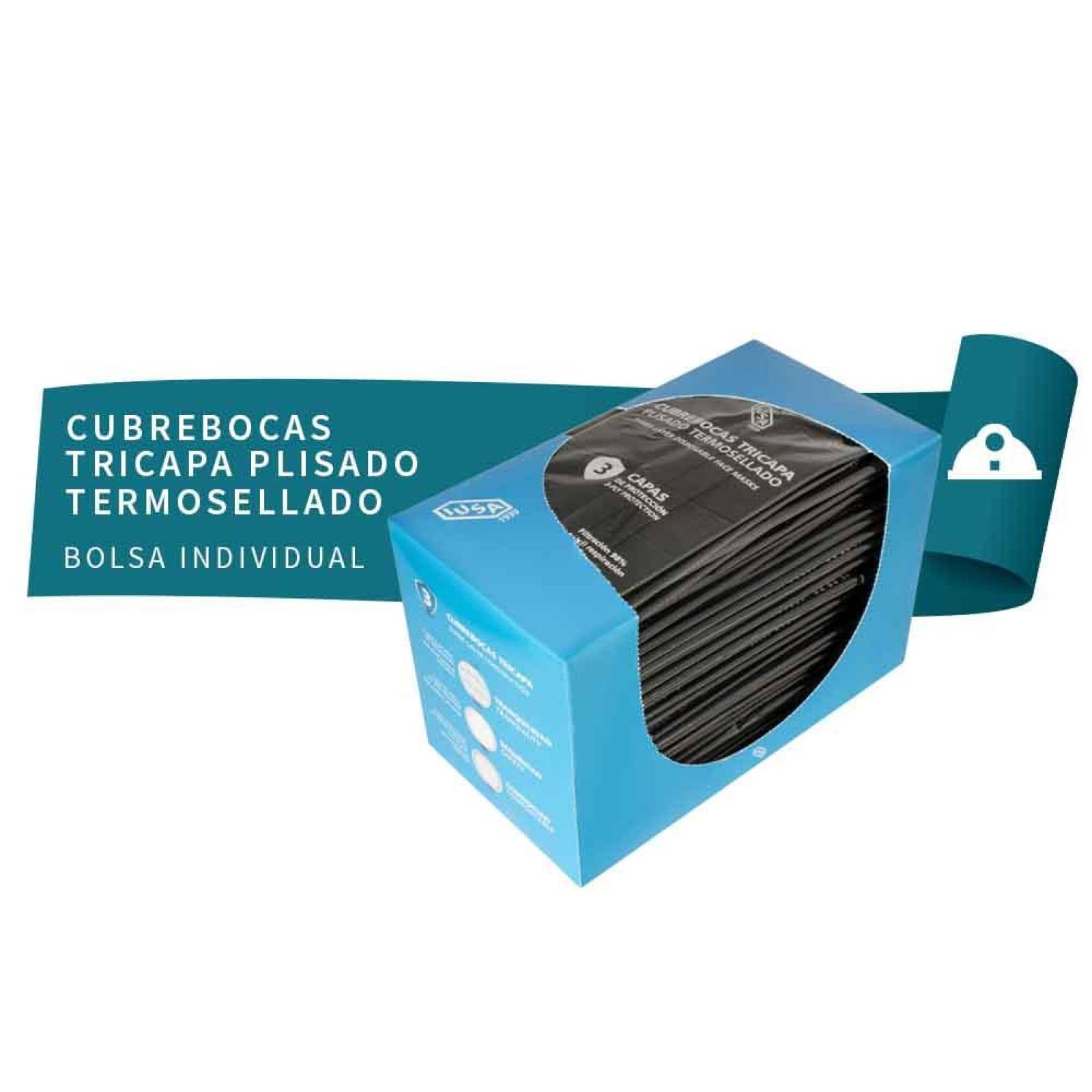Caja 50 pzas Cubrebocas IUSA, tricapa, Plisado y termosellado Negro 