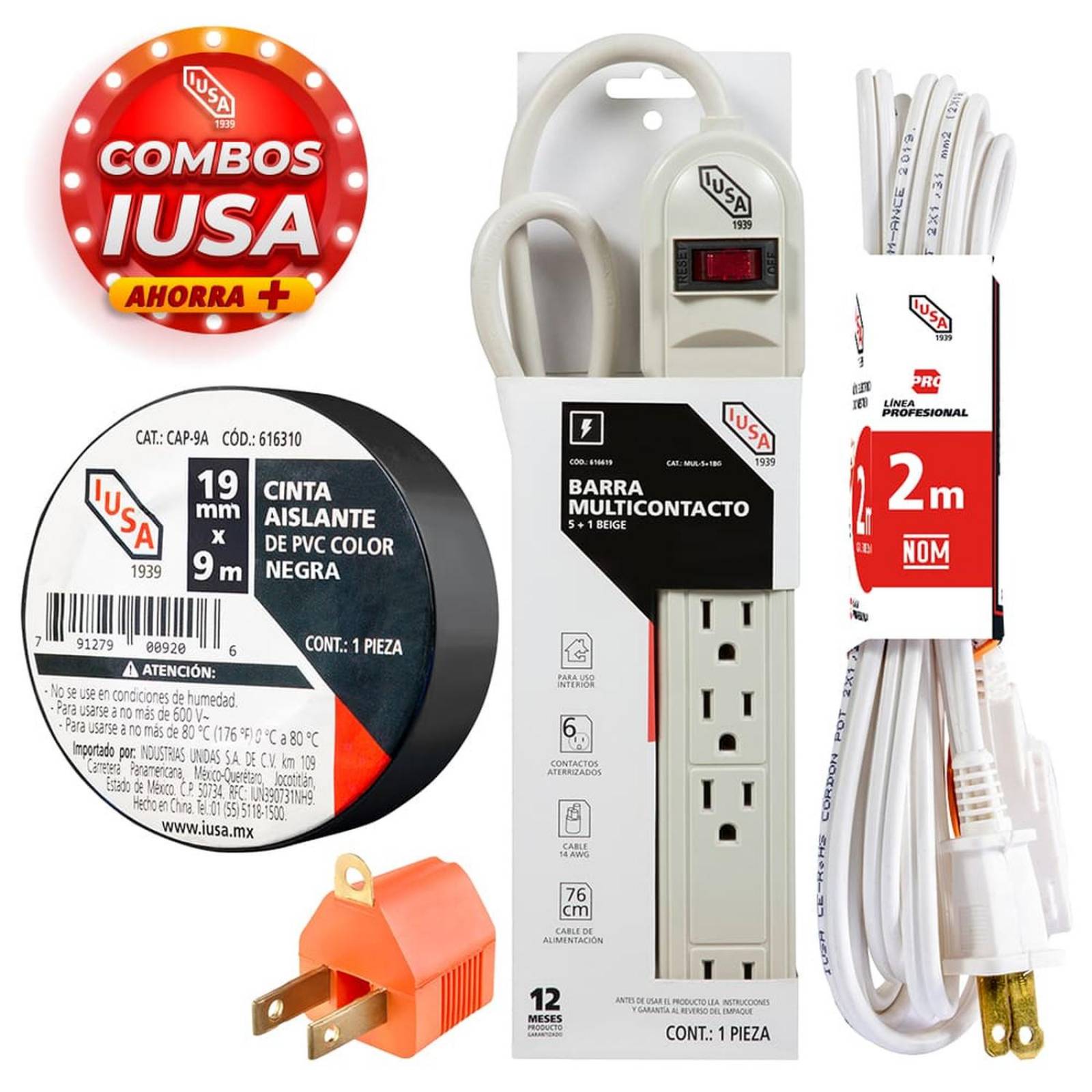 Combo Multicontacto + Extensión + Clavija + Cinta Aislante