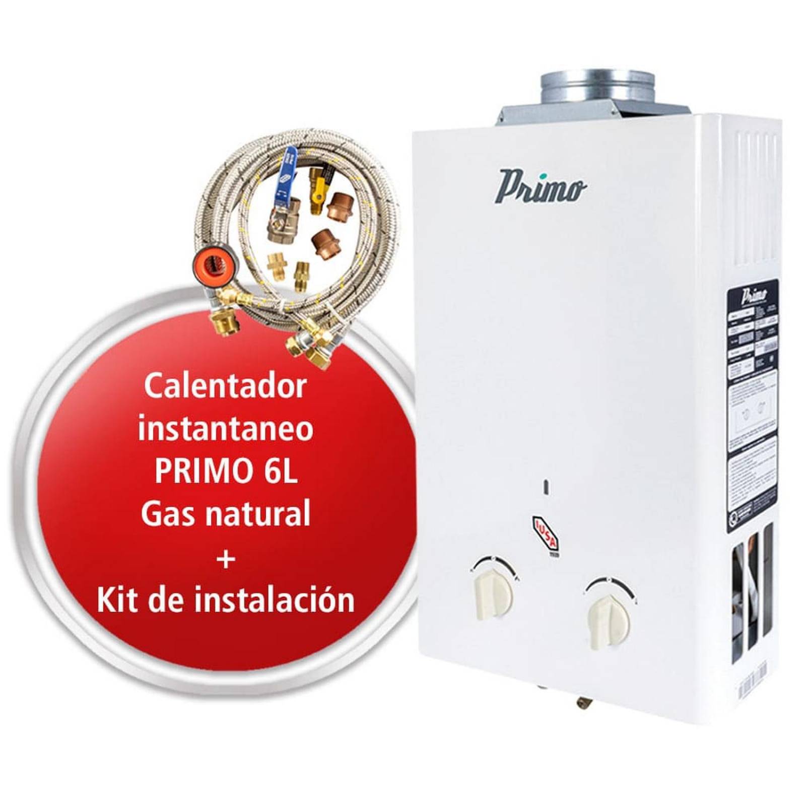 Kit Calentador Instantáneo Primo Gas Natural + Kit de Instalación .