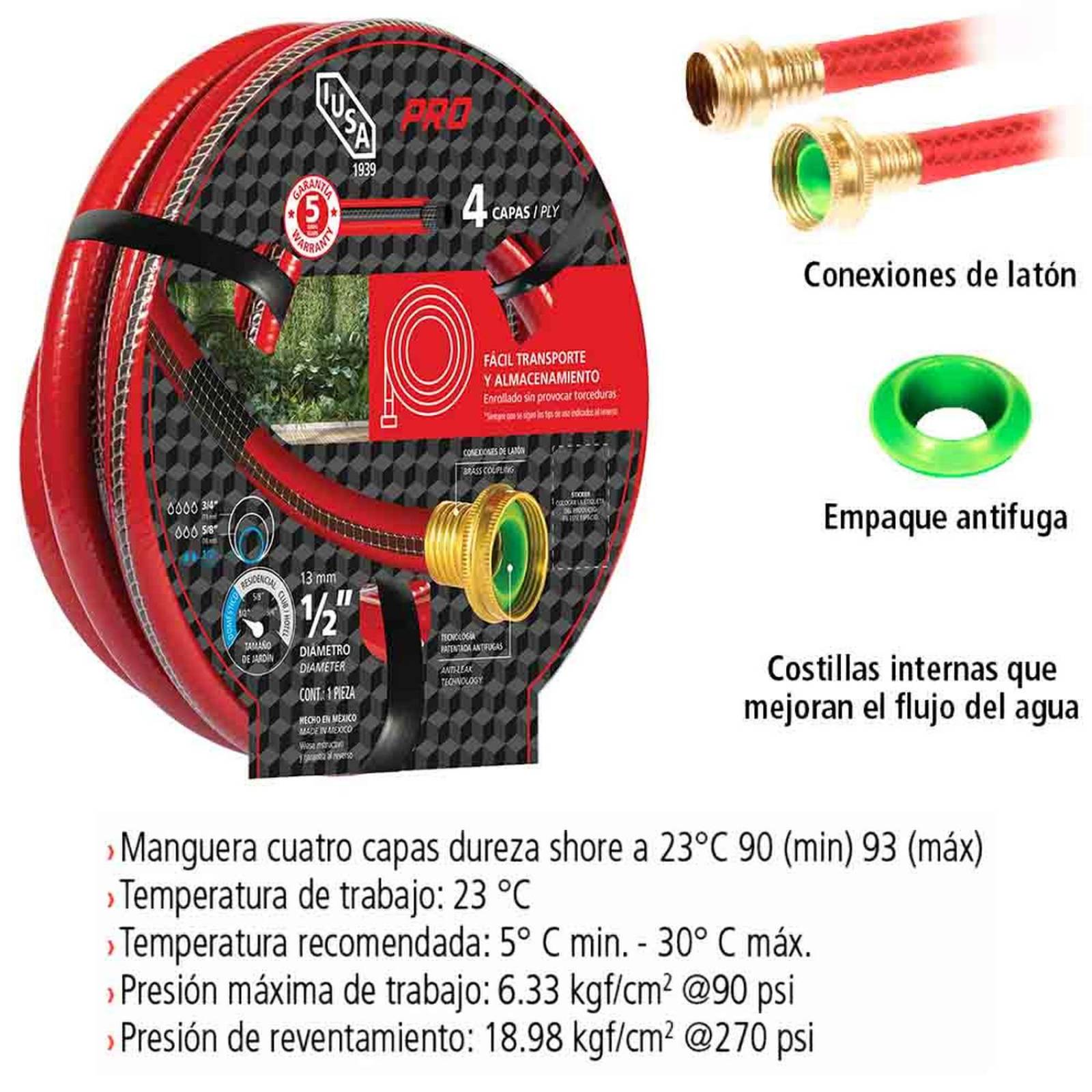 Manguera 10m, Pro, Cuatro Capas con Conexiones Metálicas 