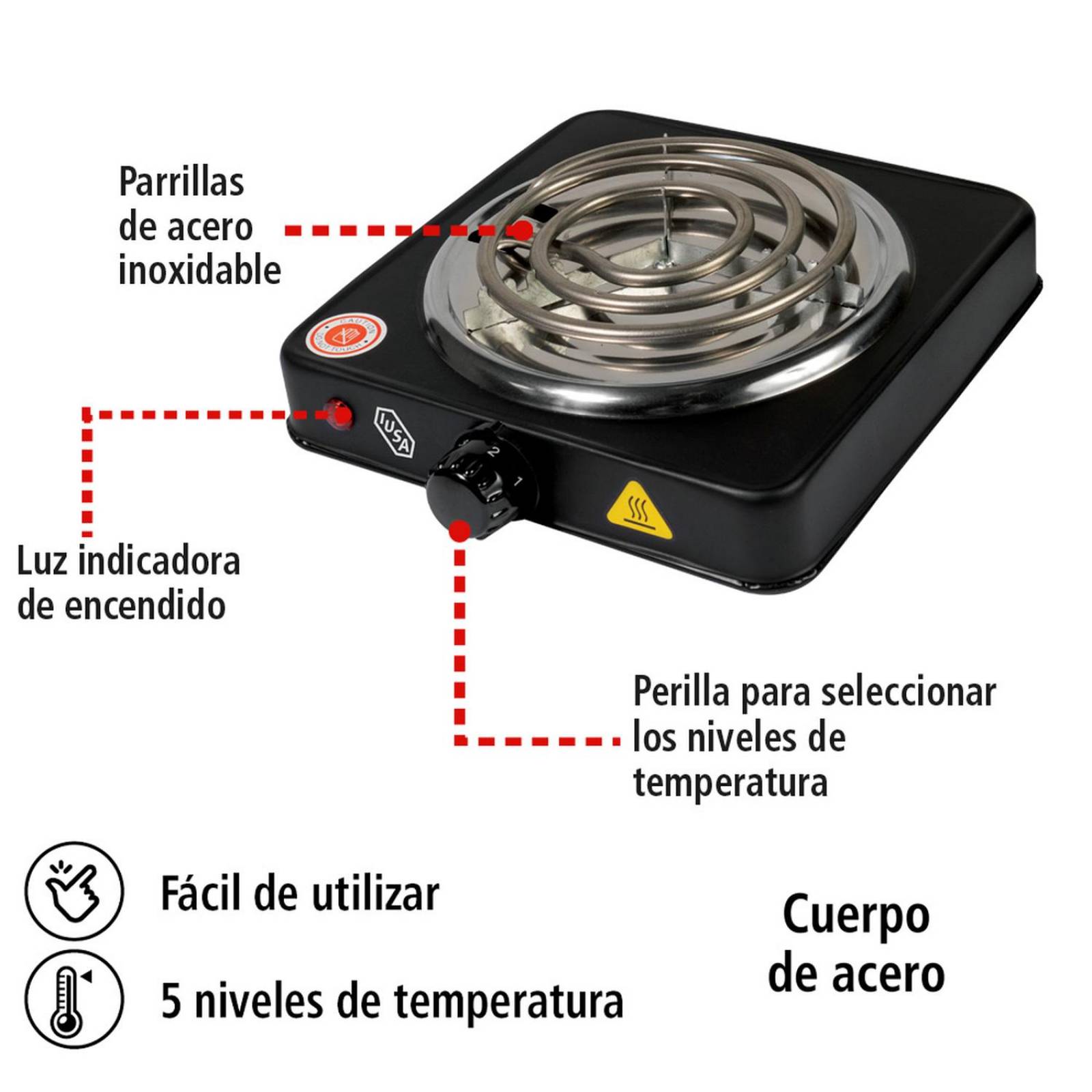 Parrilla Eléctrica, 1 Quemador Espiral, 1000 W. Color Negro 