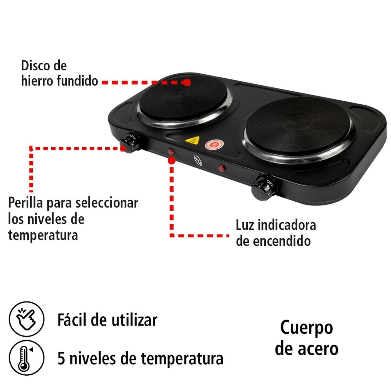 Parrilla Eléctrica 2 Quemadores de Disco, 2000 W Color Negro 