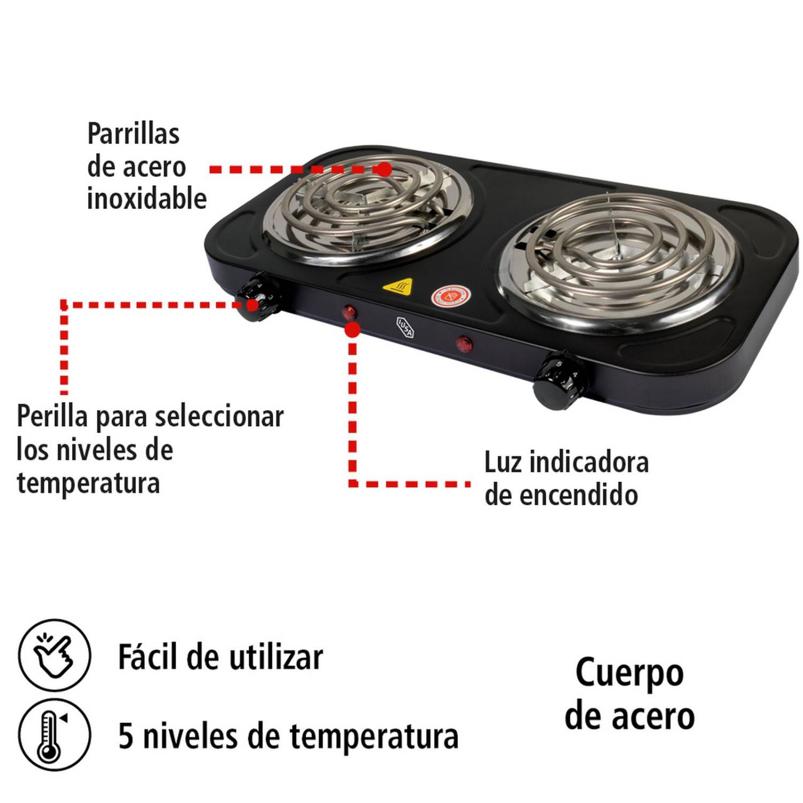 Parrilla Eléctrica, 2 Quemadores Espiral, 2000 W Color Negro 