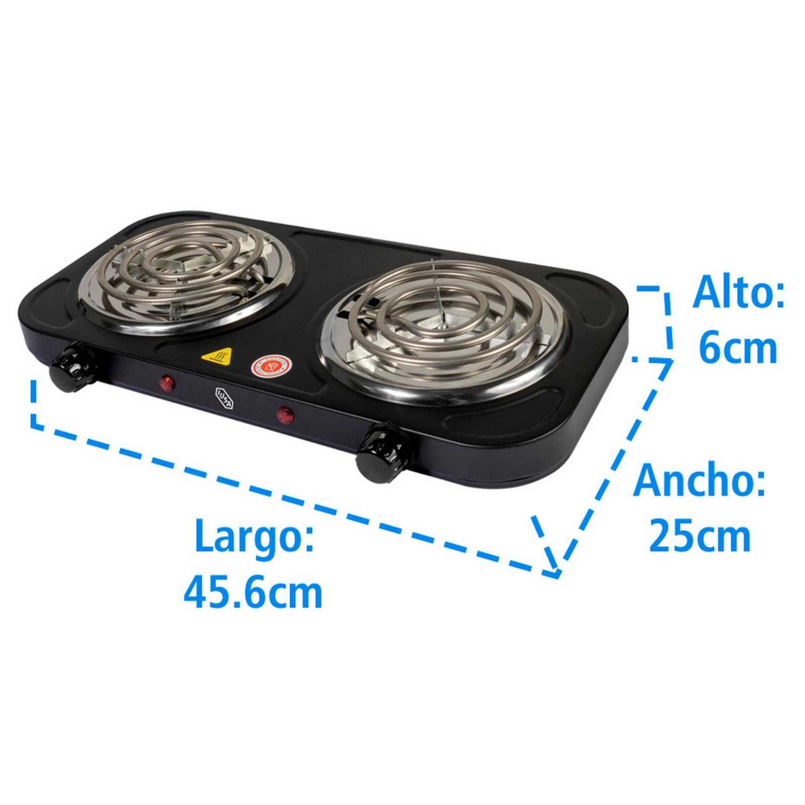 Parrilla Eléctrica, 2 Quemadores Espiral, 2000 W Color Negro 