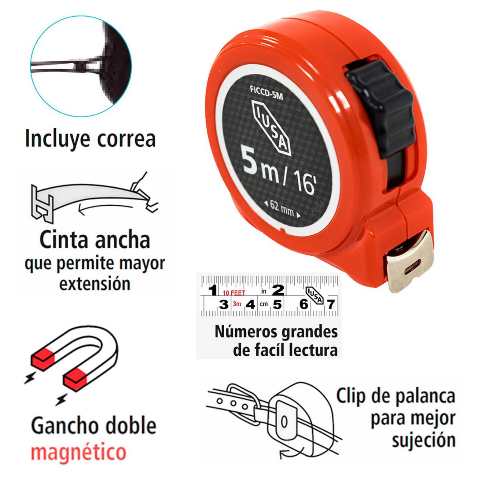 flexómetro compacto, iusa, 5 m, con correa 