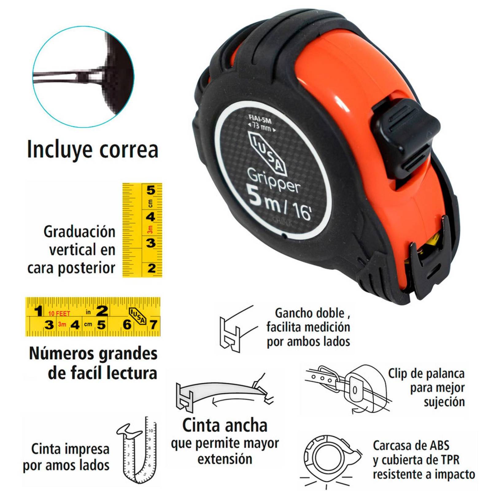 Flexómetro compacto, anti impacto, iusa, 5 m