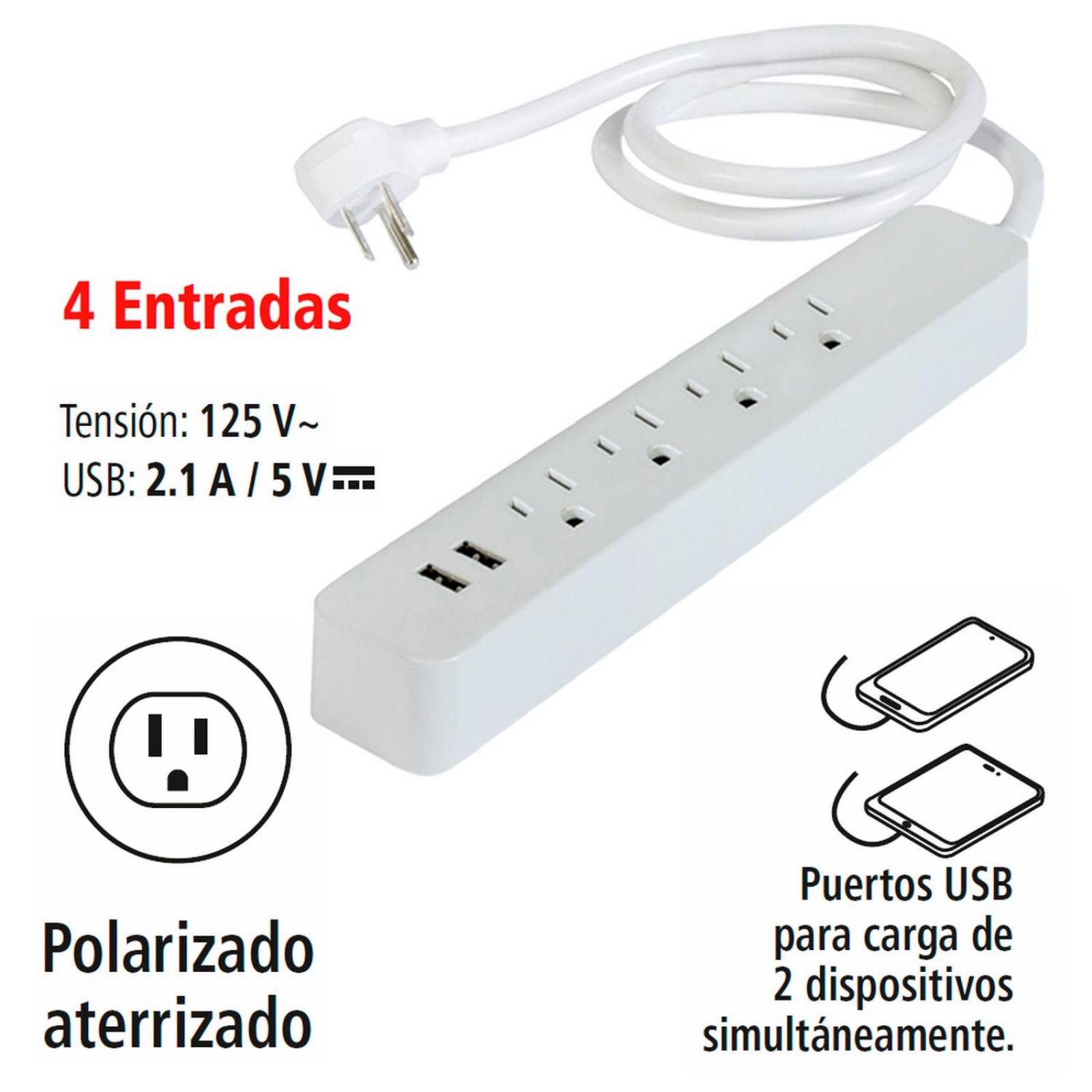 Multicontacto IUSA 4 Entradas con Supresor de Picos y 2 USB 