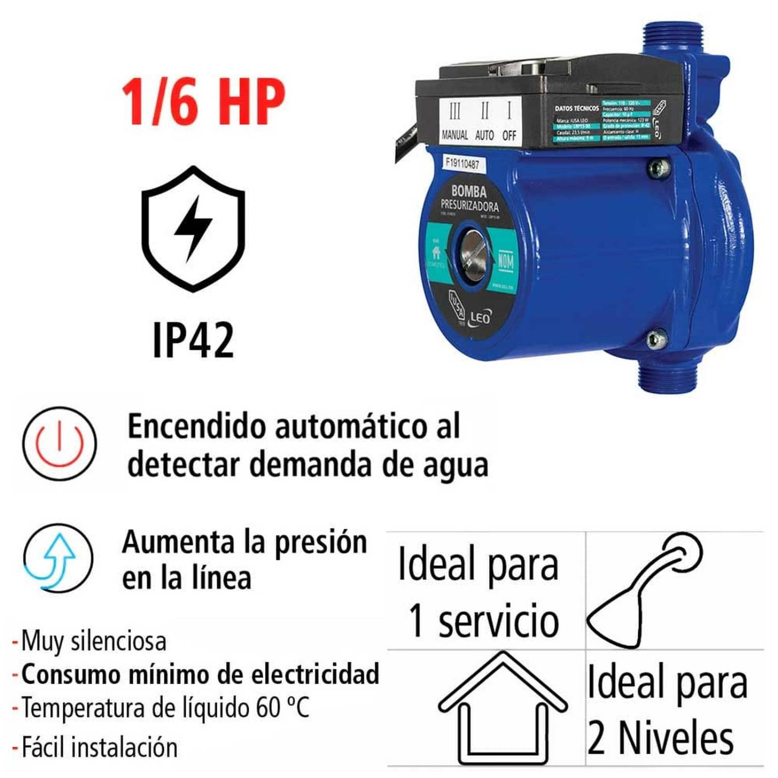 Bomba Hidráulica Presurizadora en Línea, IUSA Primo, 1/6 HP