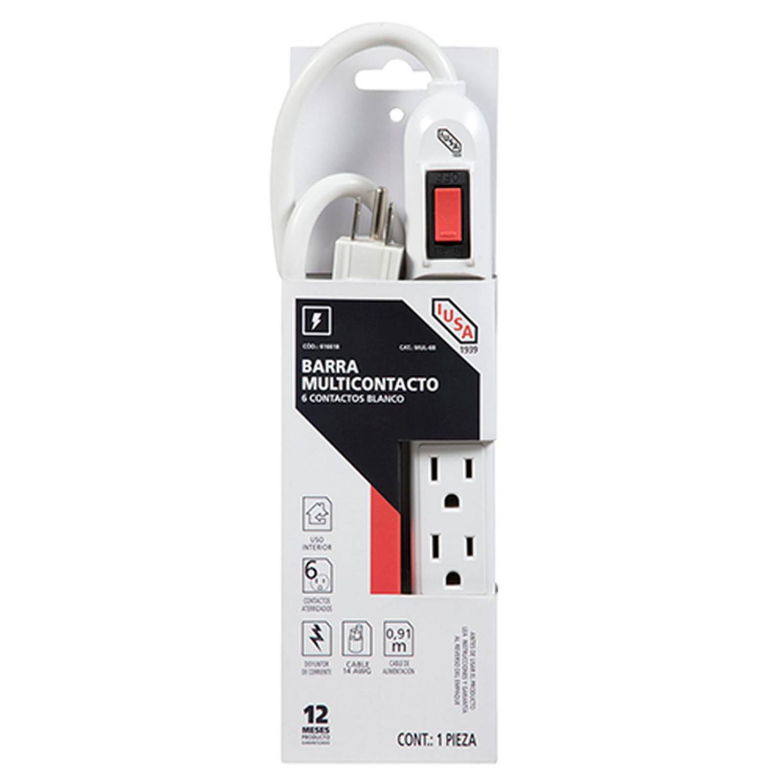 Multicontacto con 6 entradas cable 91cm 