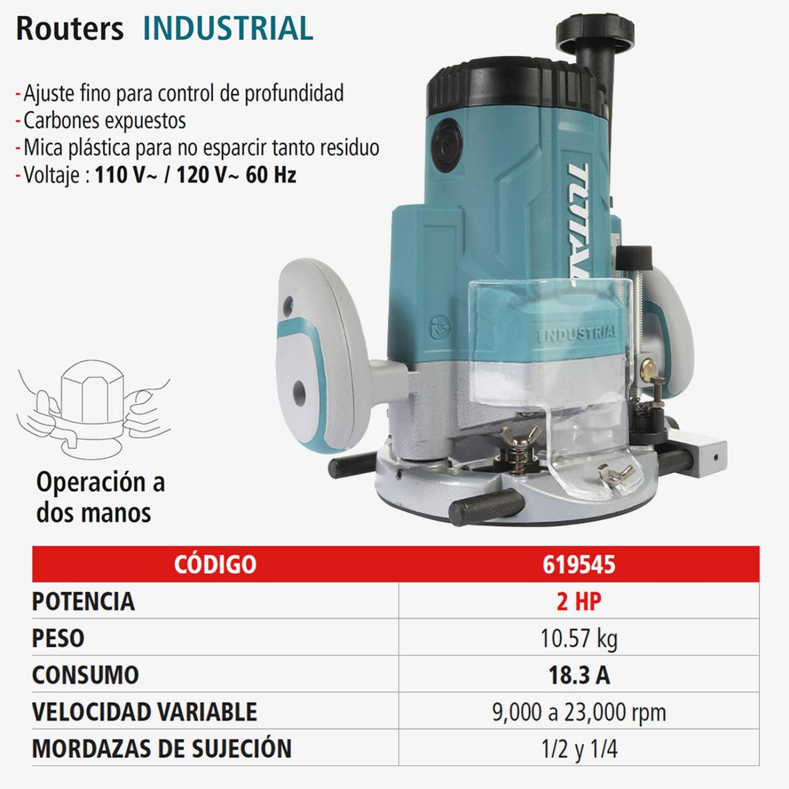 Router, Fresadora de Mano, Total, 2,200 W 