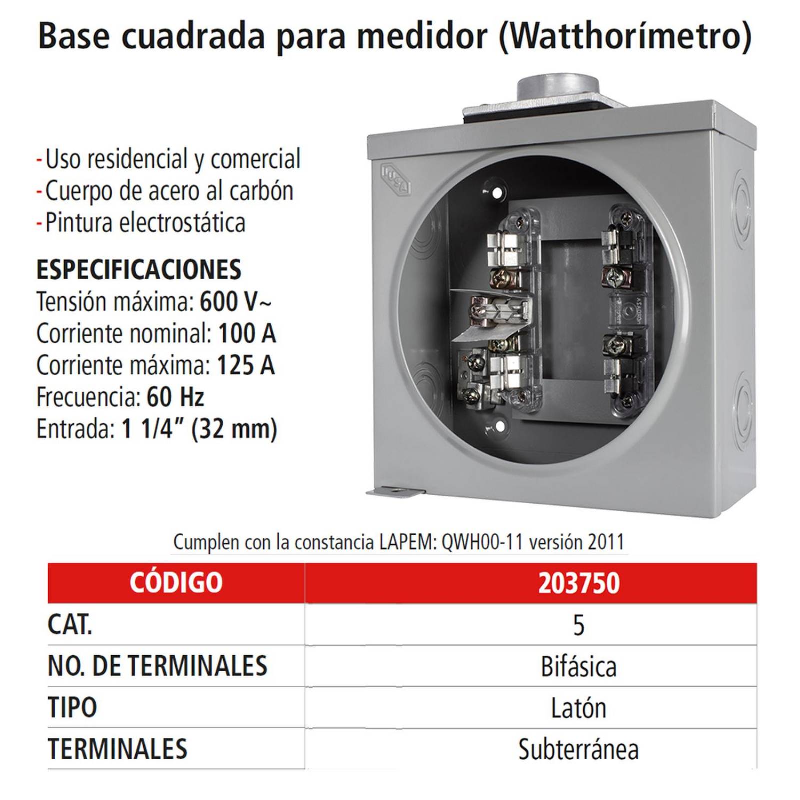 Base para medidor 5 terminales Bifásica cuadrada, IUSA 