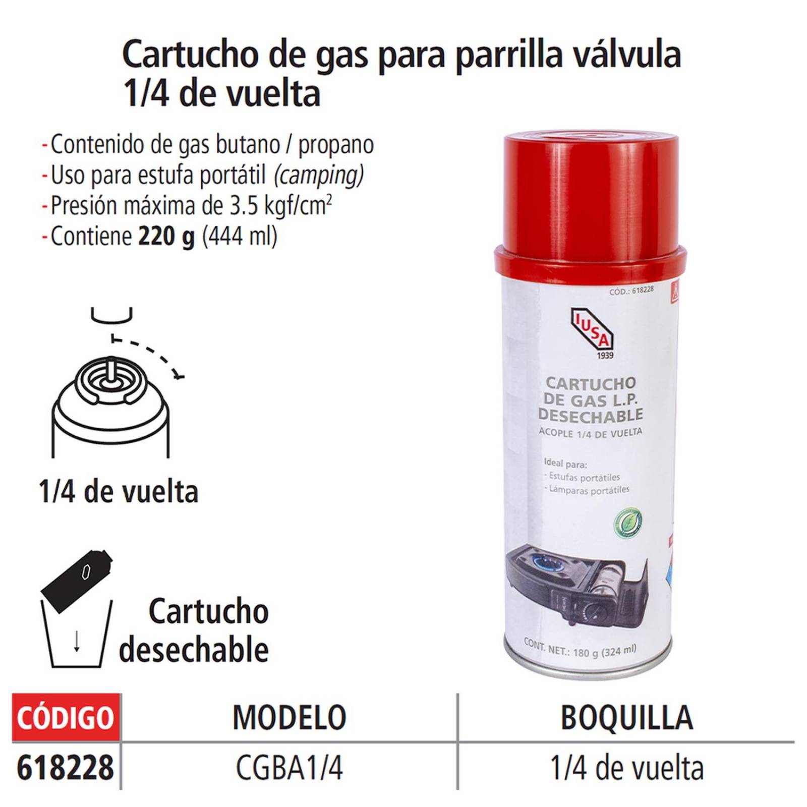 Cartucho de gas butano con válvula 1/4 de vuelta