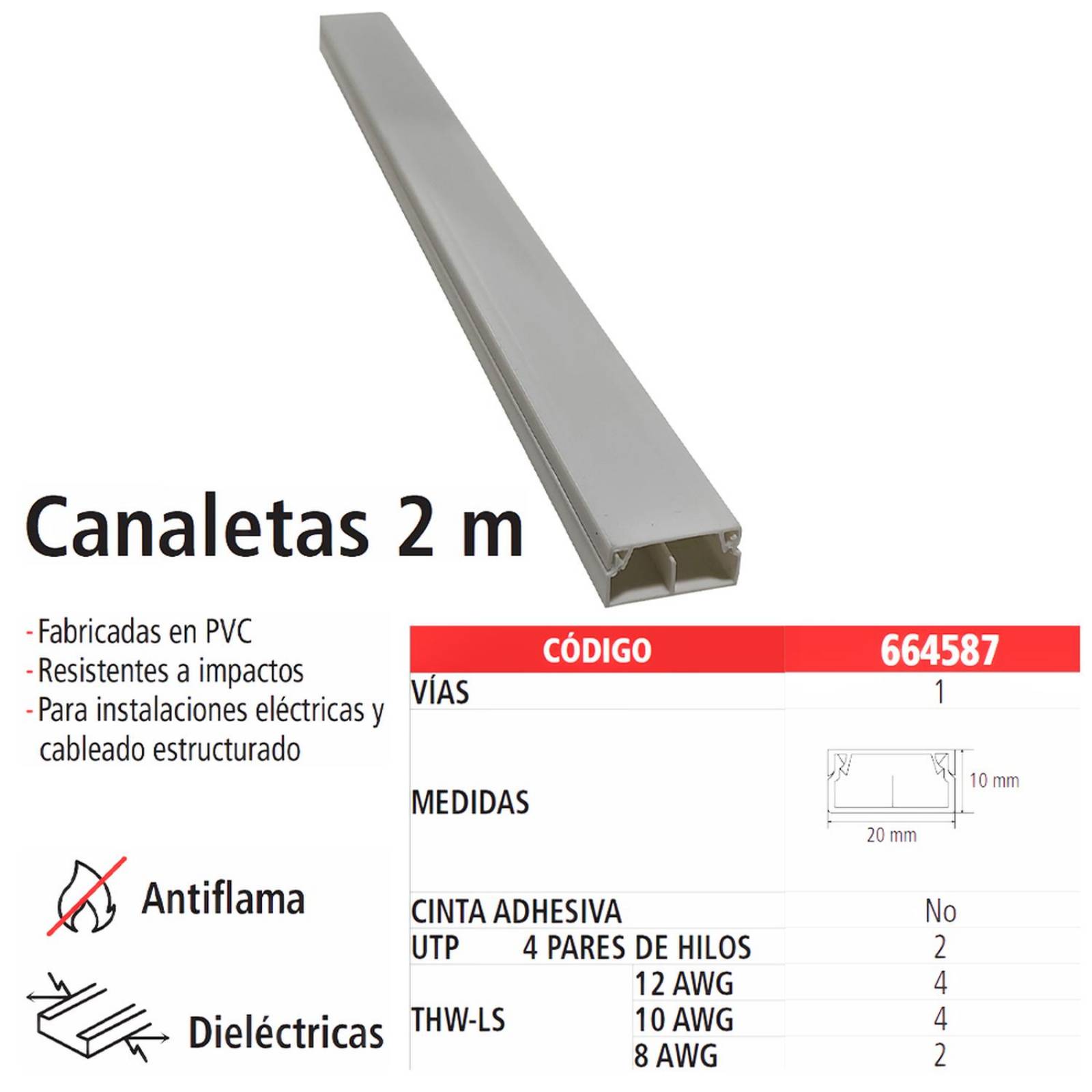 Canaleta Plástica, IUSA, PVC, 2m, 10x20mm S/D, S/A, 10pzas 